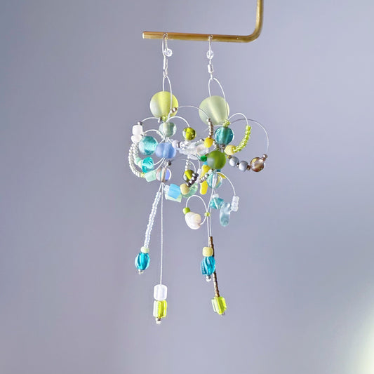 Handmade Bee Loops Green Glass Beads Drop Earrings