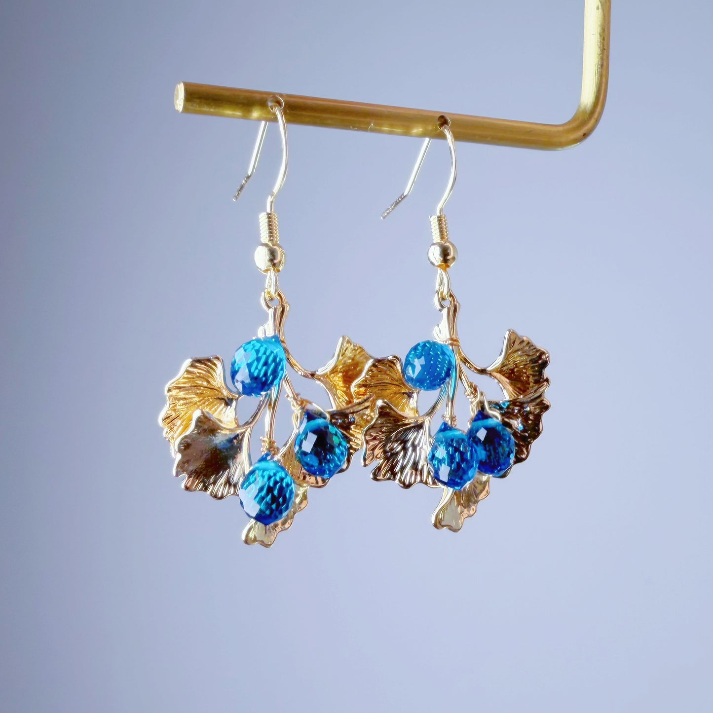 Handmade Golden Ginkgo Leaves and Blue Quartz Crystal Earrings