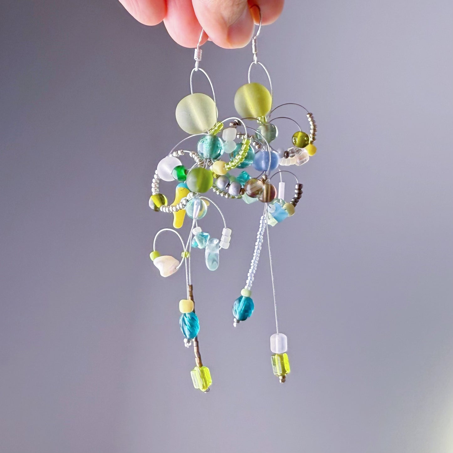 Handmade Bee Loops Green Glass Beads Drop Earrings