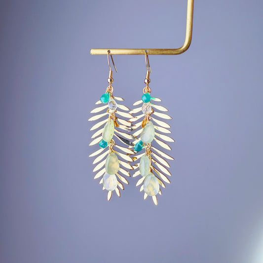 Handmade Golden Tropical Plant Leaves and Prehnite Teardrops Earrings