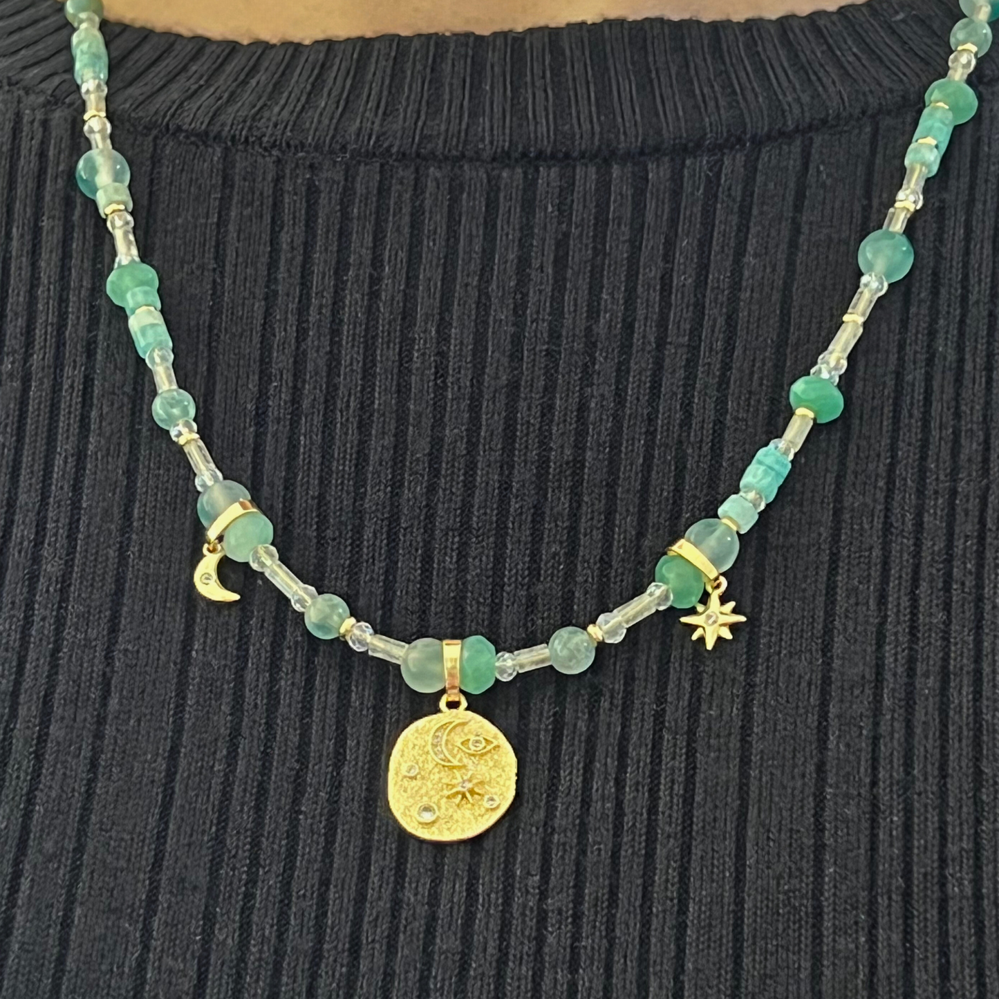 Moon and Star Pendant with Green Jade Chain Necklace-Ninaouity