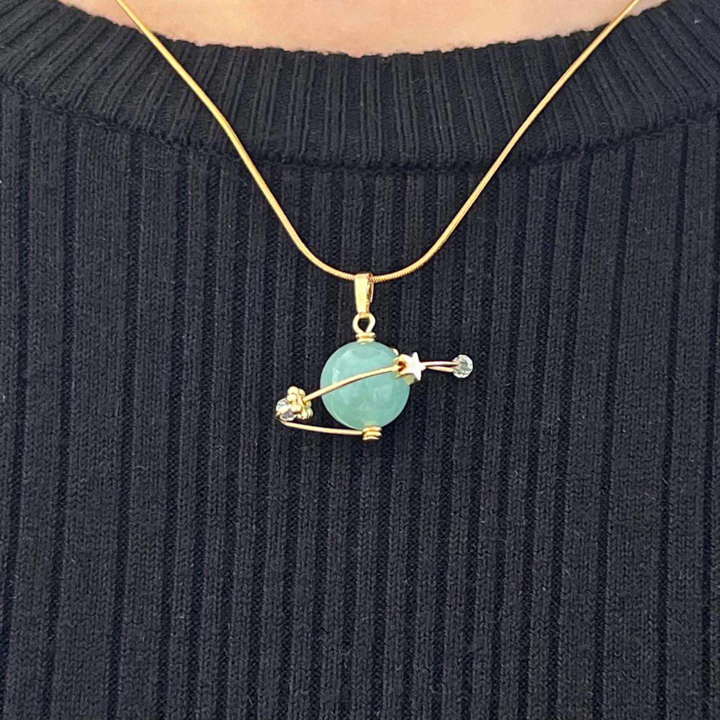 Aquamarine Planet and Star Pendant Necklace-Ninaouity
