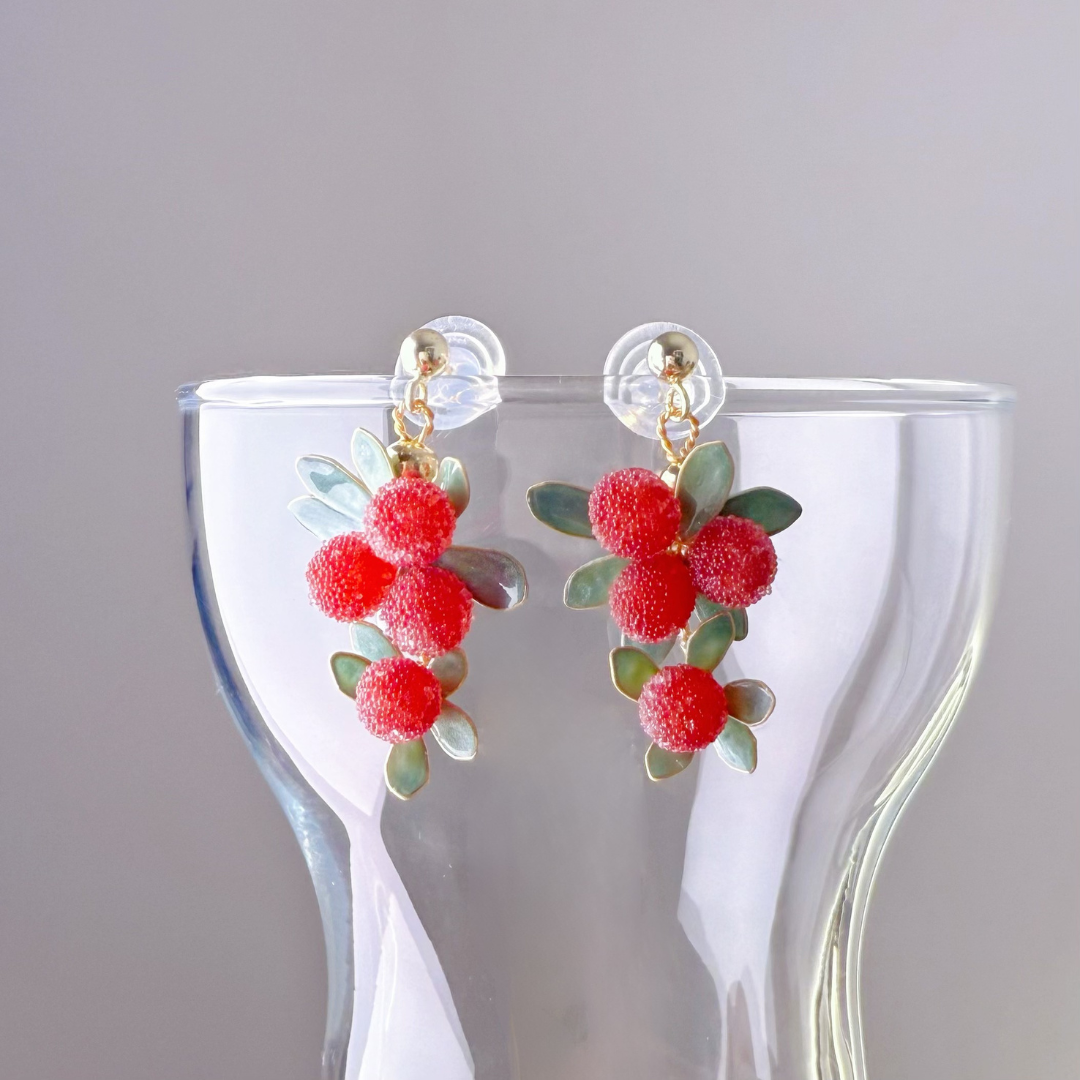 Handmade Cotoneaster Red Berries and Leaves Earrings