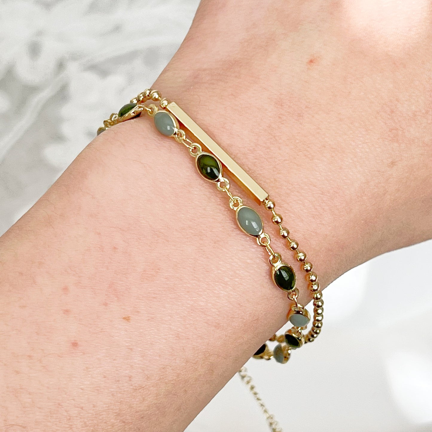 Two Shades of Green Beads Double Chain Bracelet-Ninaouity