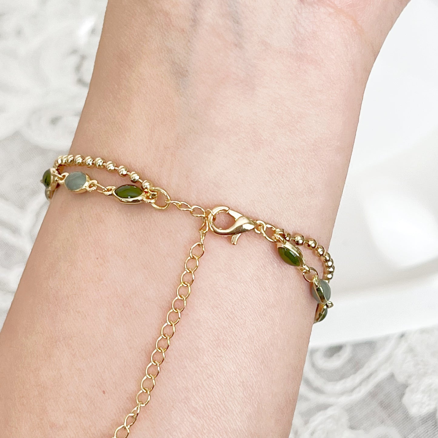 Two Shades of Green Beads Double Chain Bracelet-Ninaouity