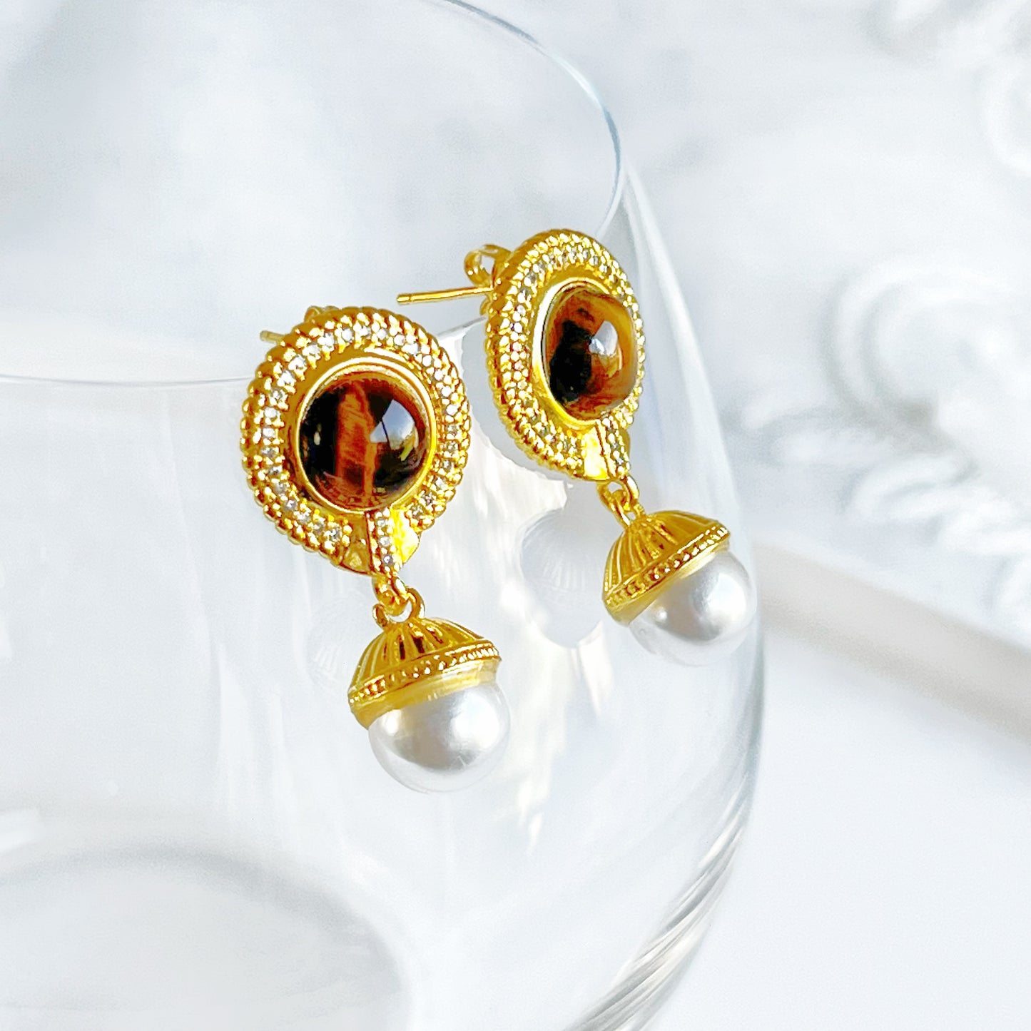 Tiger's Eye and Pearl Drop Earrings-Ninaouity