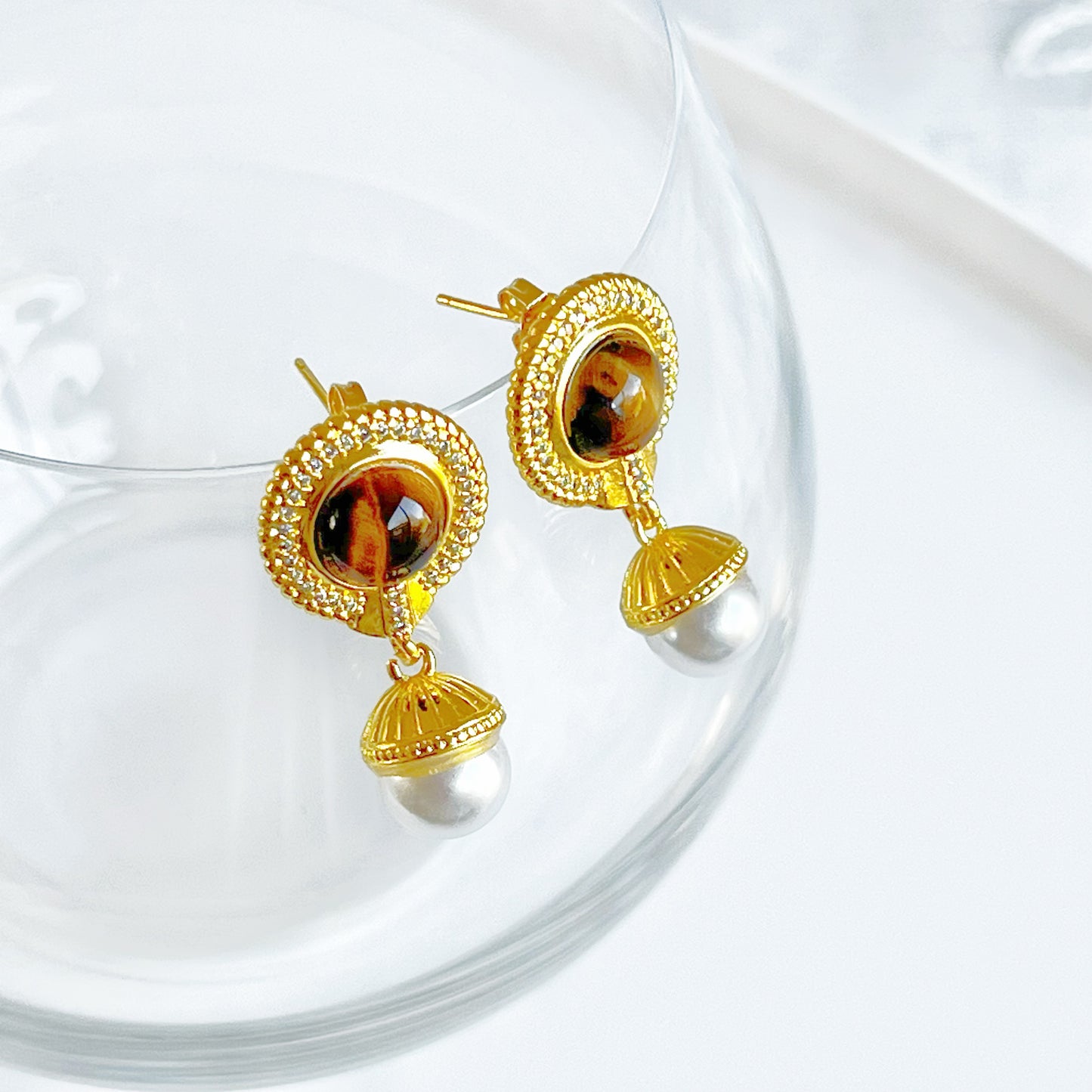 Tiger's Eye and Pearl Drop Earrings-Ninaouity