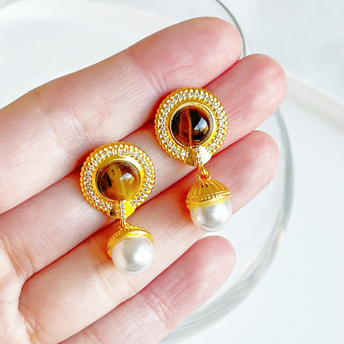 Tiger's Eye and Pearl Drop Earrings-Ninaouity