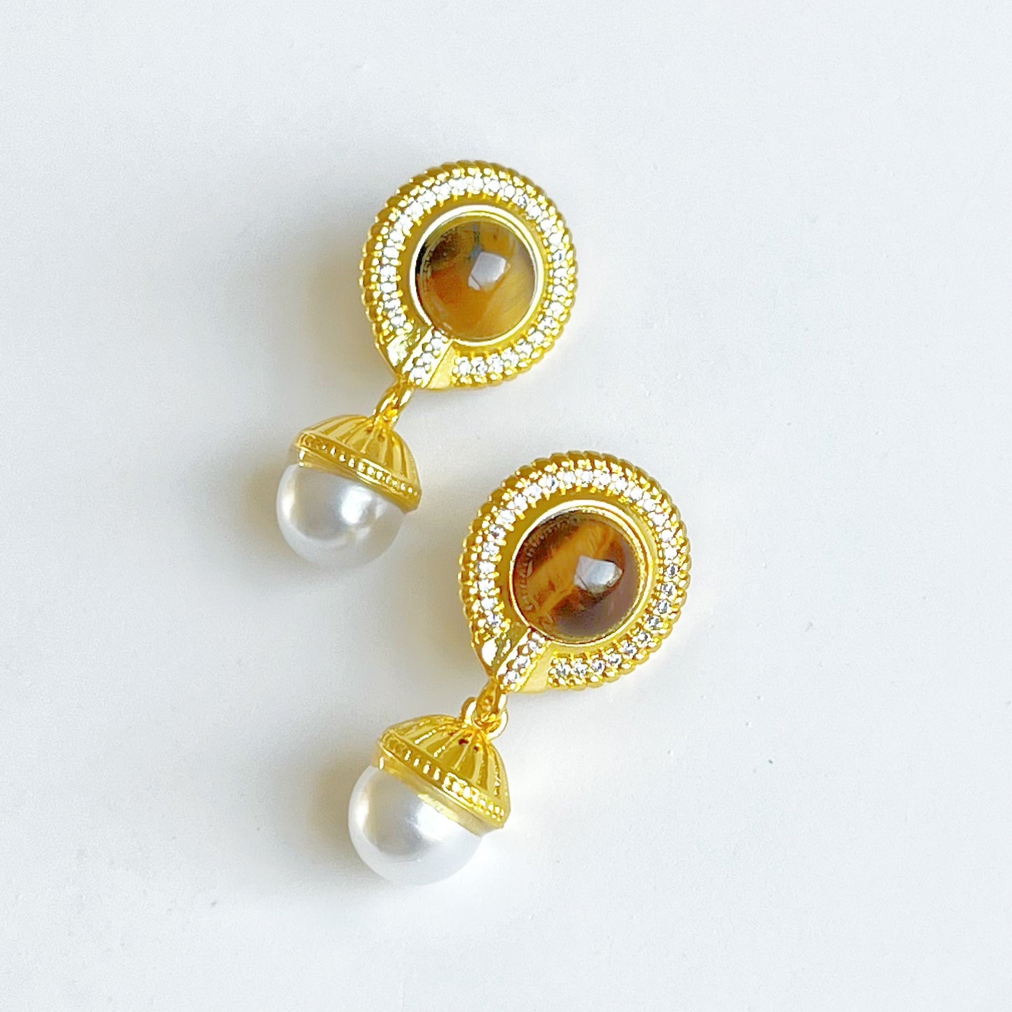 Tiger's Eye and Pearl Drop Earrings-Ninaouity