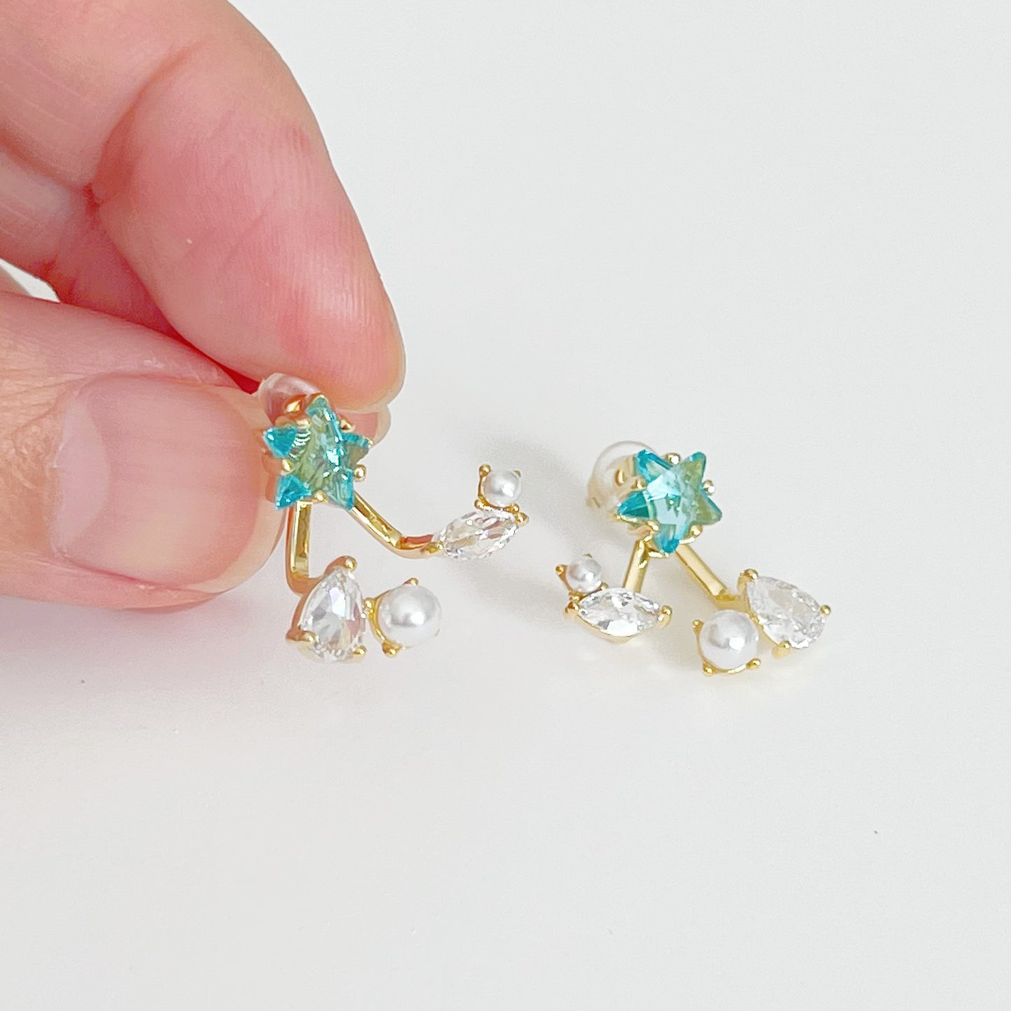 Blue Star and Teardrop Ear Jackets Earrings-Ninaouity