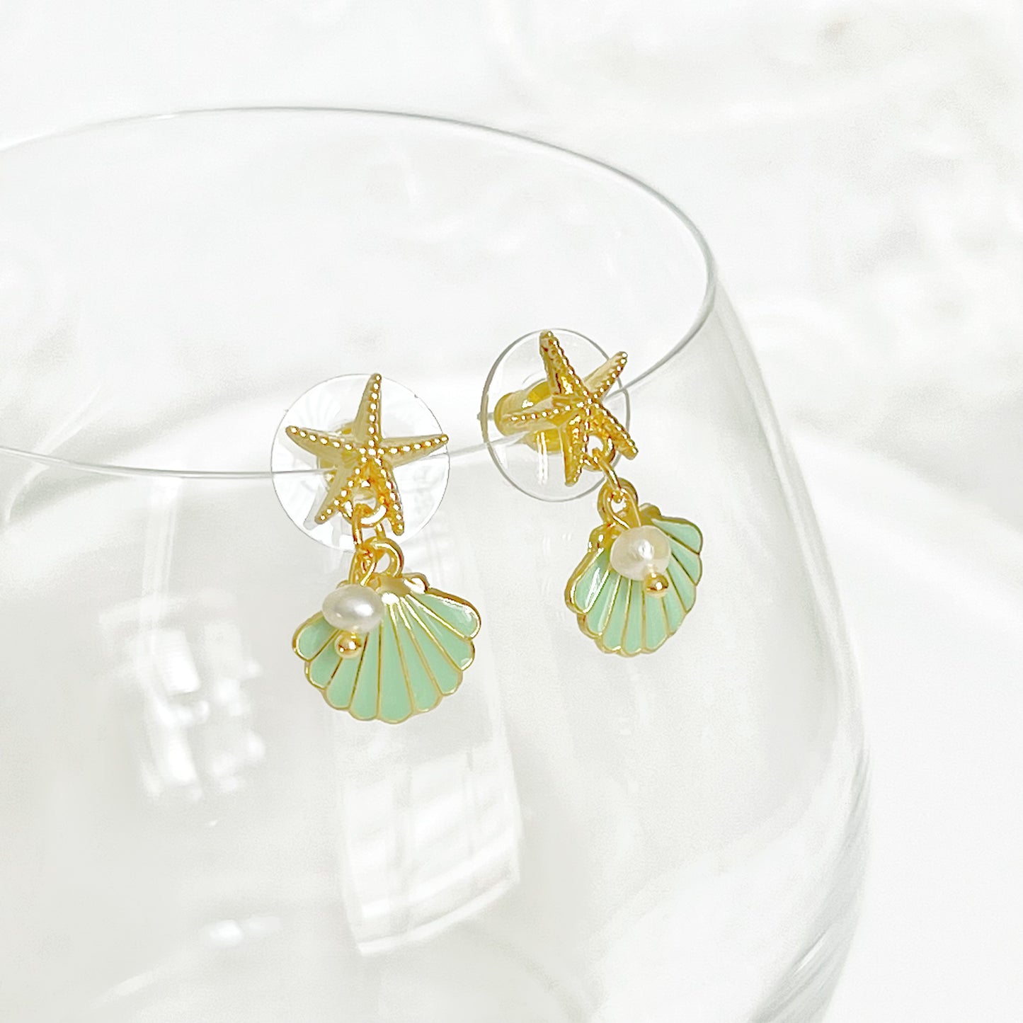 Gold Starfish and Green Seashell with Mini Pearl Drop Earrings-Ninaouity
