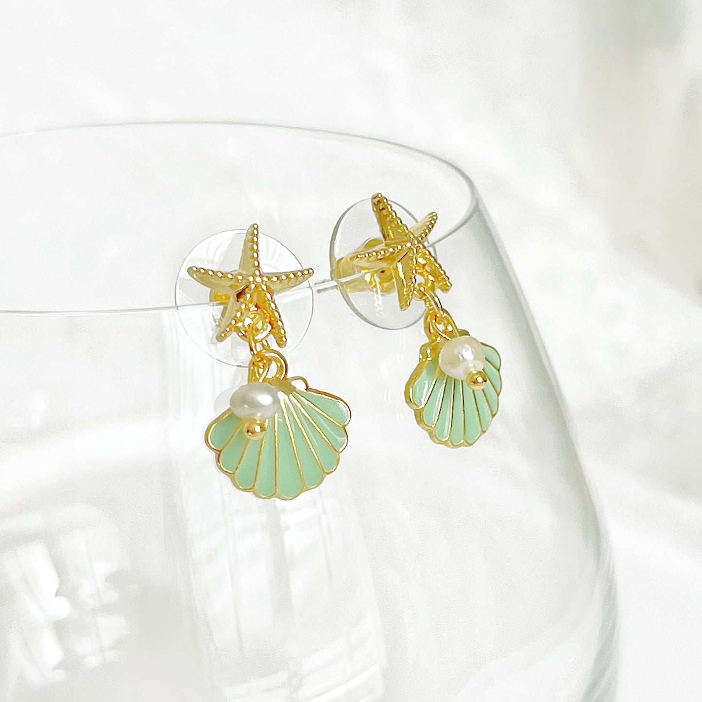 Gold Starfish and Green Seashell with Mini Pearl Drop Earrings-Ninaouity