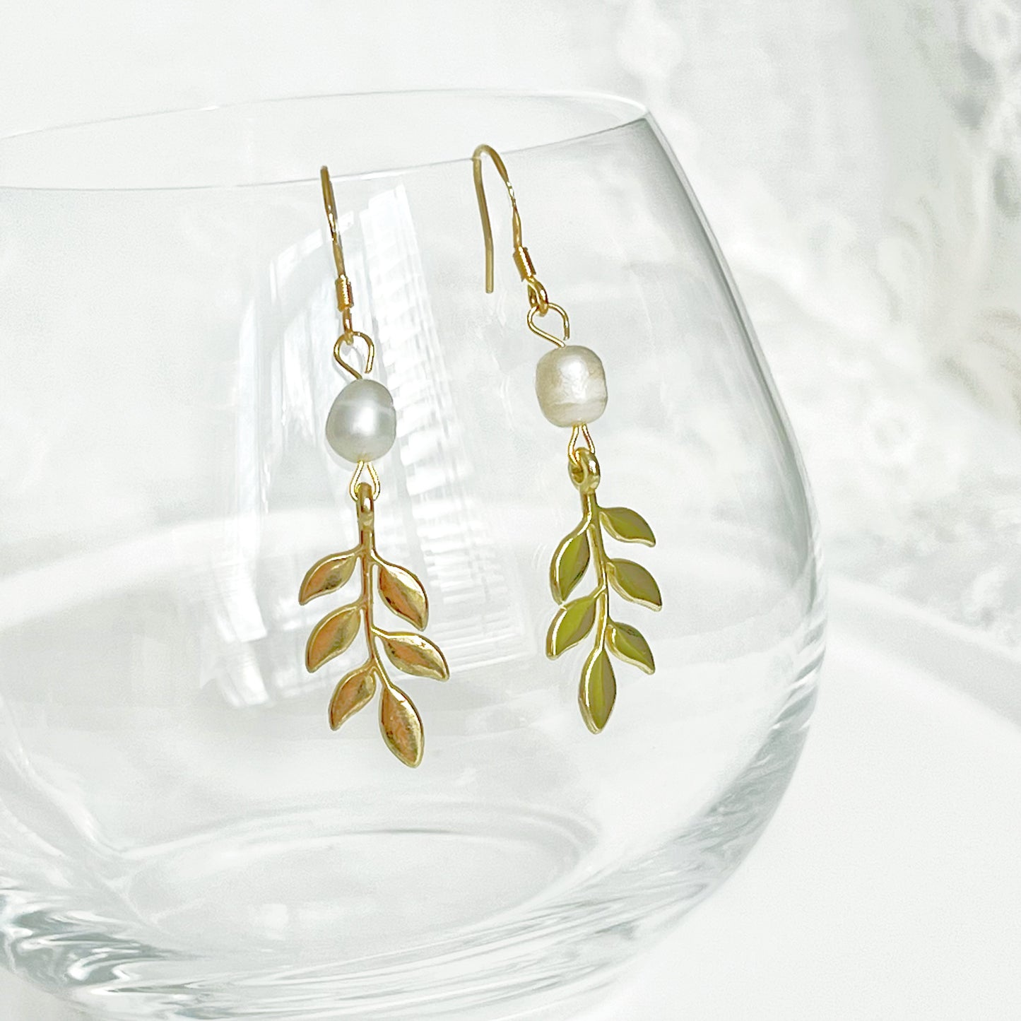 Gold Willow Leaf and Freshwater Pearl Earrings-Ninaouity