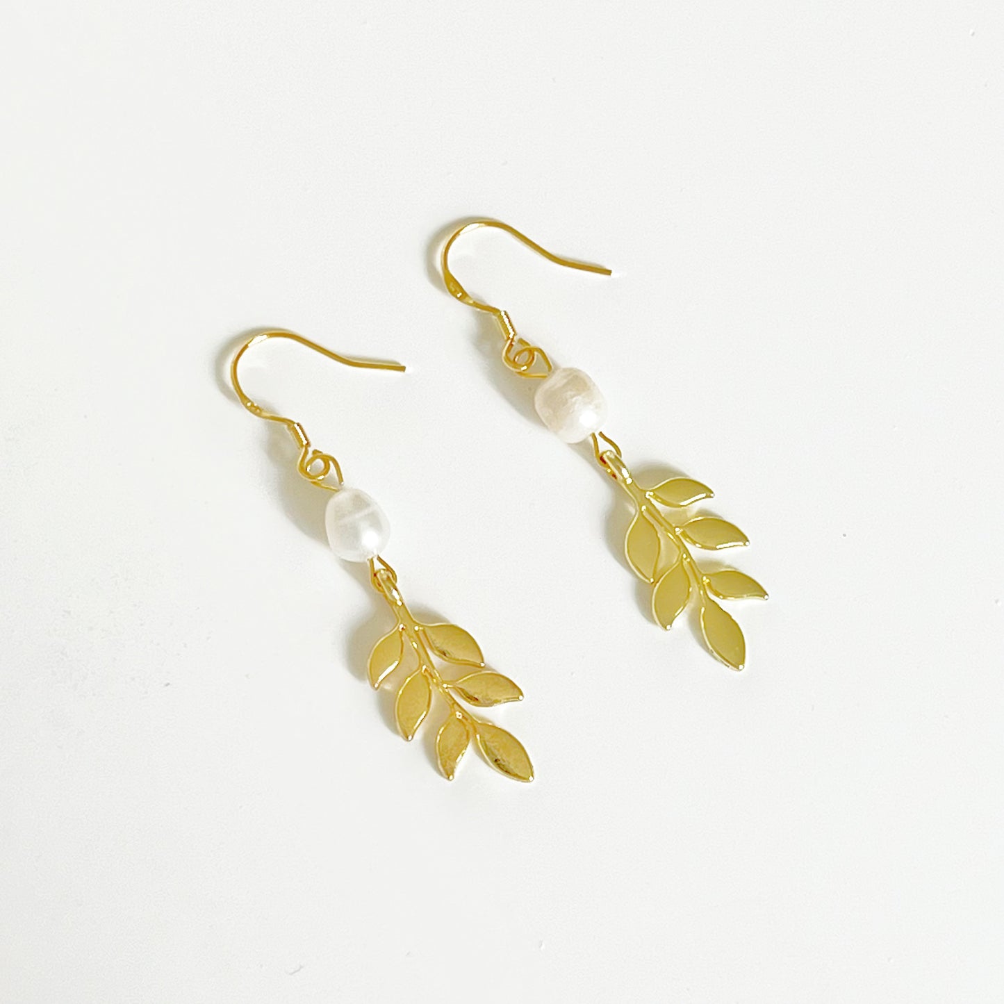 Gold Willow Leaf and Freshwater Pearl Earrings-Ninaouity