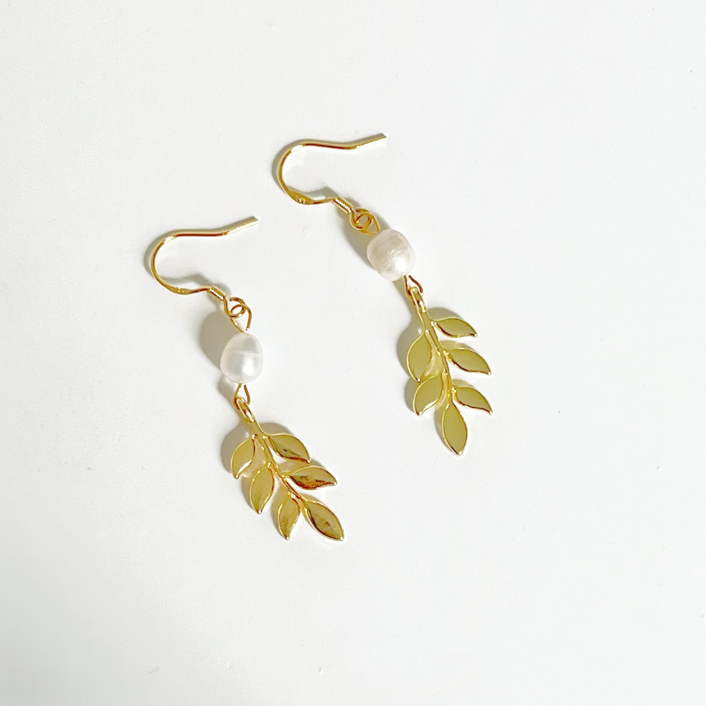 Gold Willow Leaf and Freshwater Pearl Earrings-Ninaouity