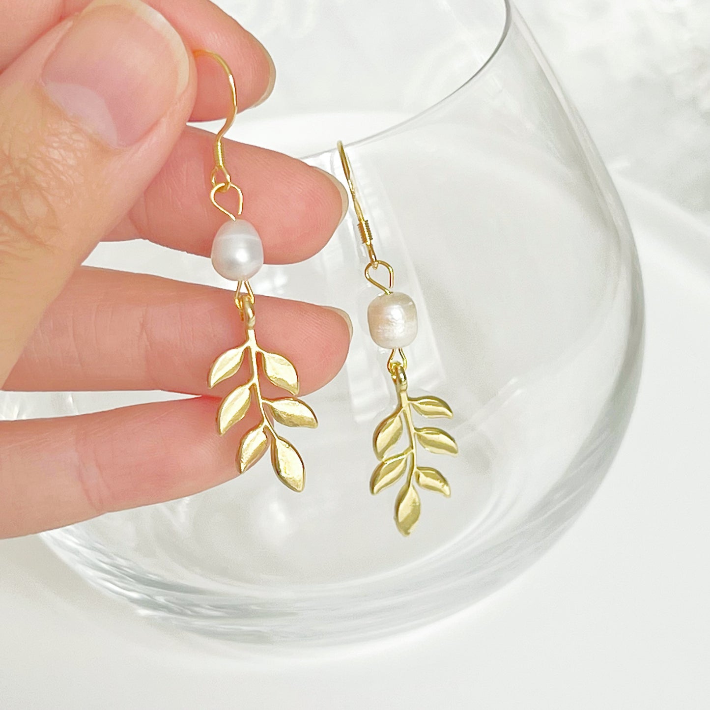 Gold Willow Leaf and Freshwater Pearl Earrings-Ninaouity