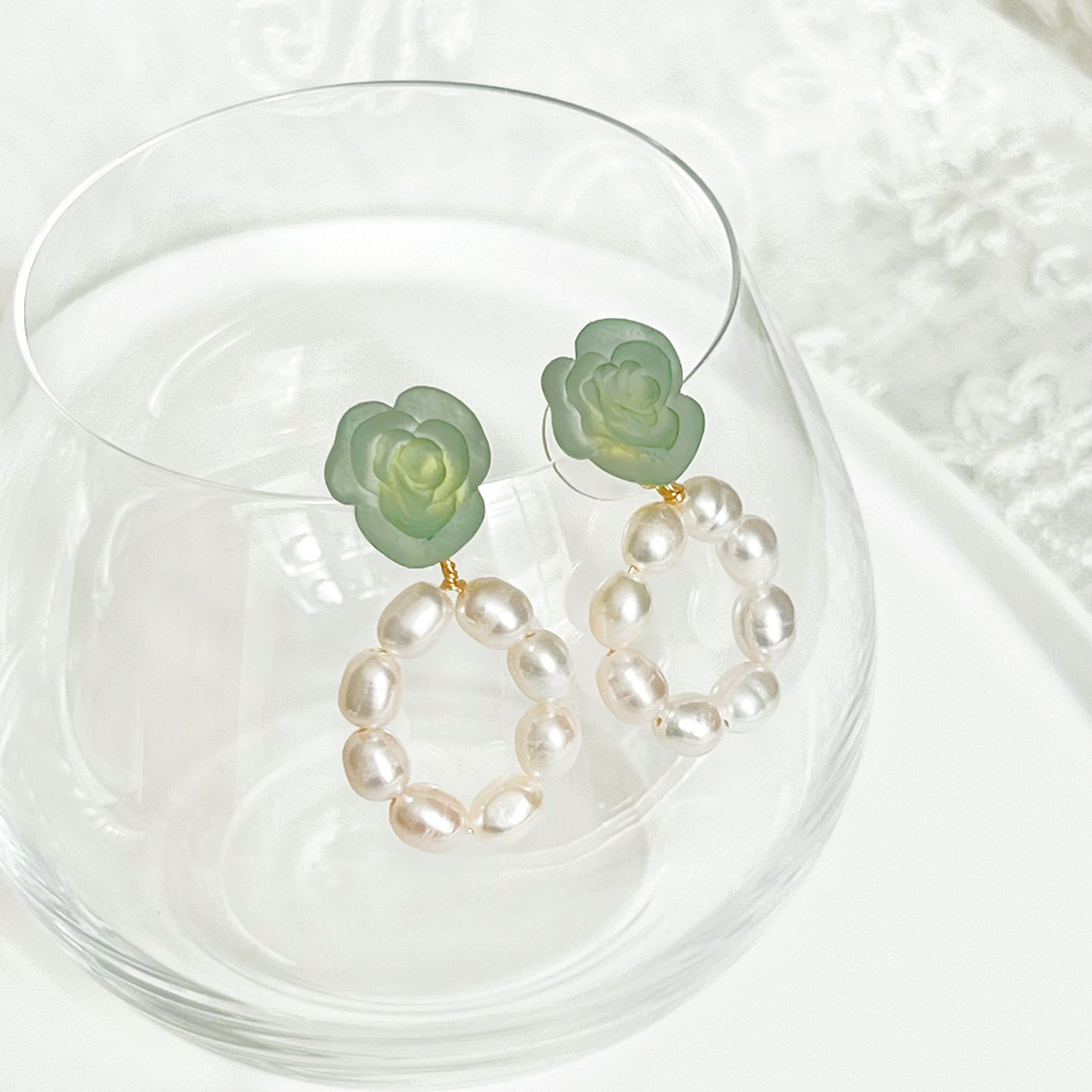 Green Rose Flower with Pearls Hoop Earrings-Ninaouity