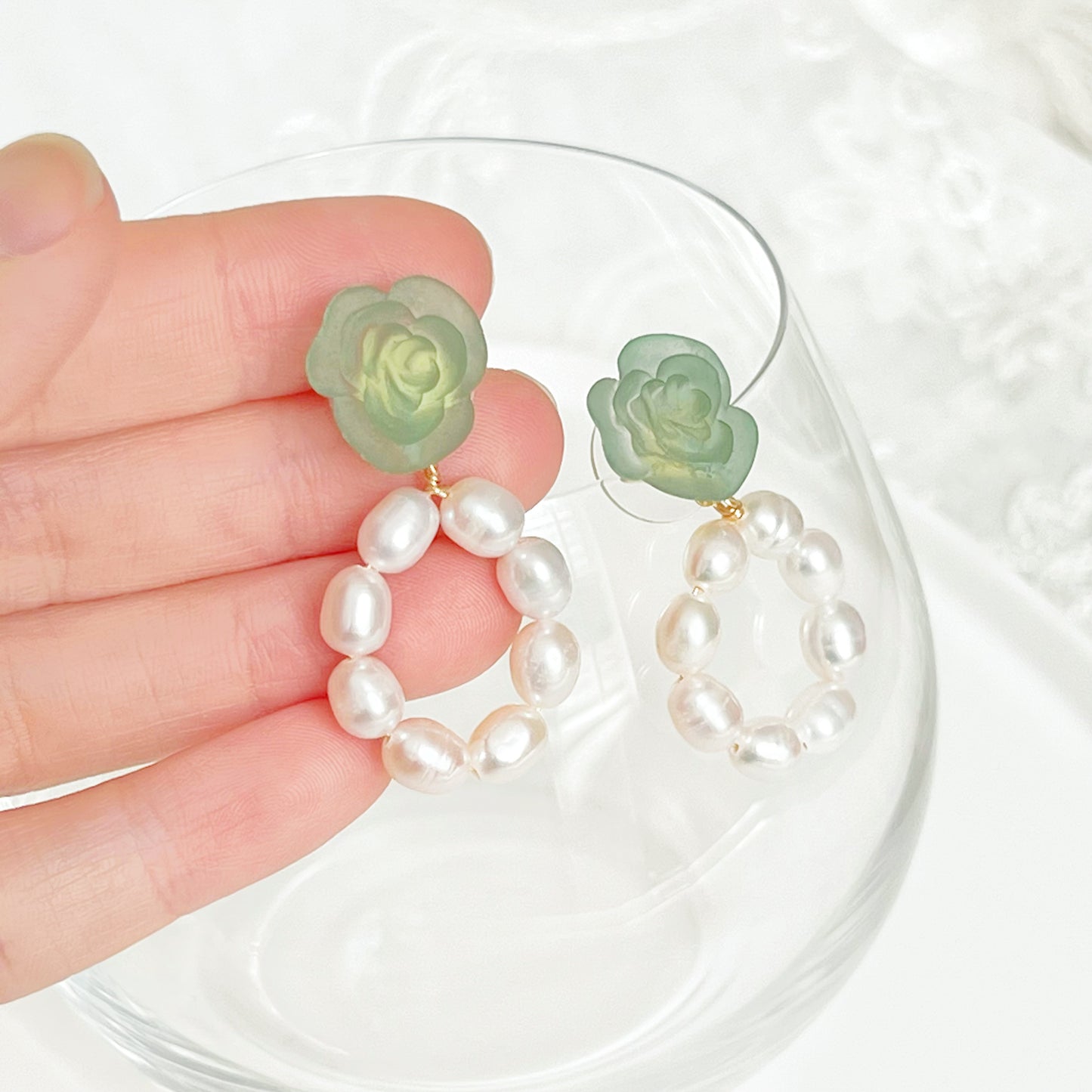 Green Rose Flower with Pearls Hoop Earrings-Ninaouity