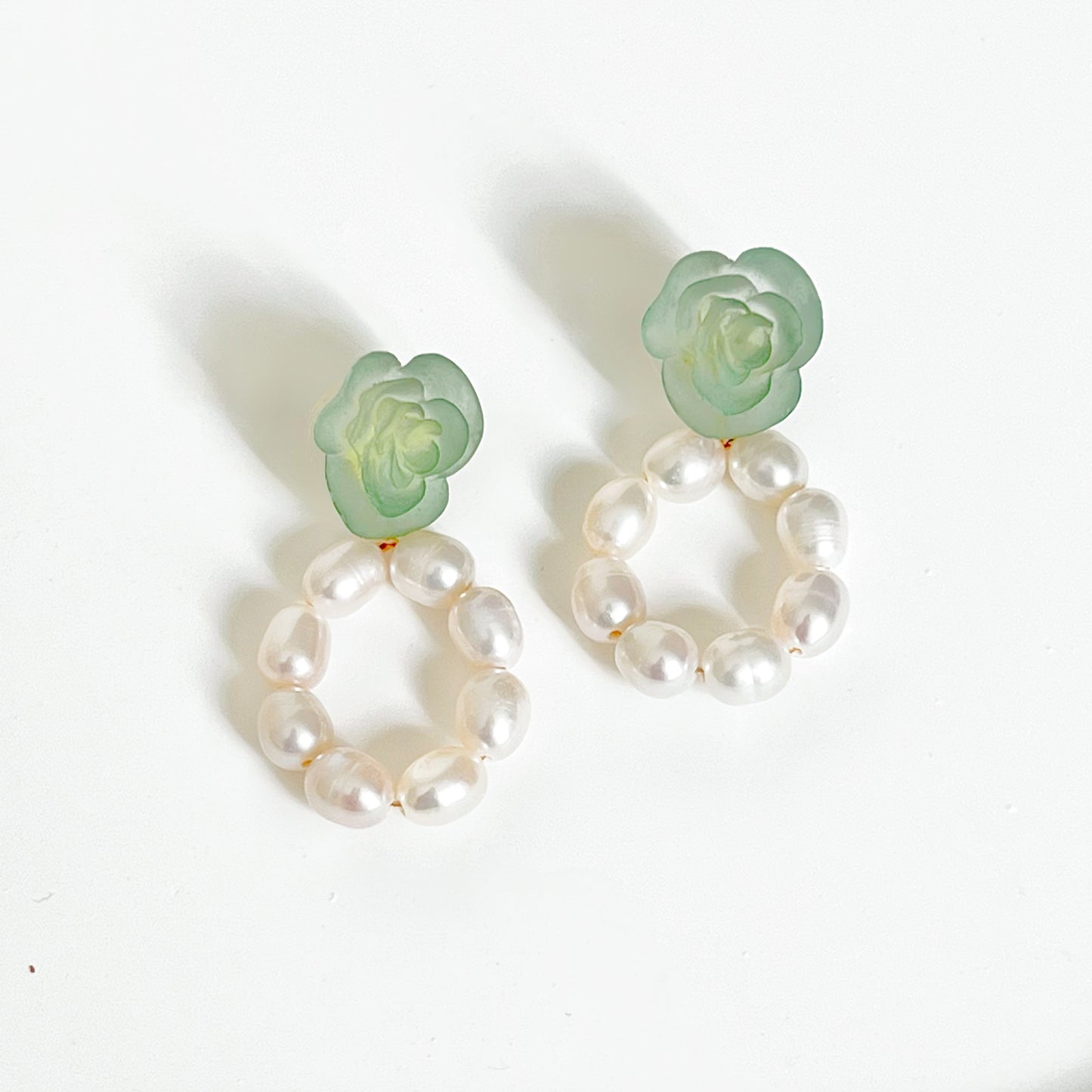 Green Rose Flower with Pearls Hoop Earrings-Ninaouity