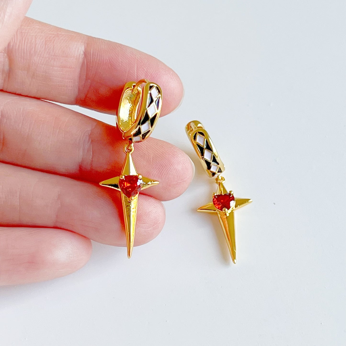 Gold Star with Red Heart Hoop Hinged Earrings-Ninaouity