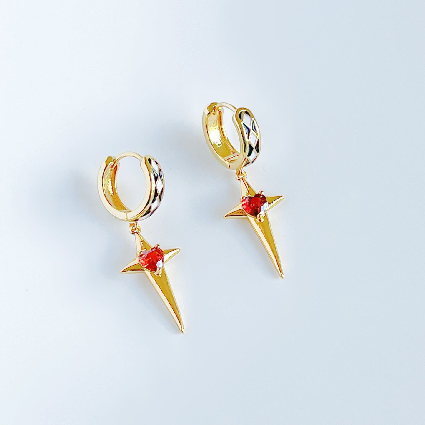 Gold Star with Red Heart Hoop Hinged Earrings-Ninaouity