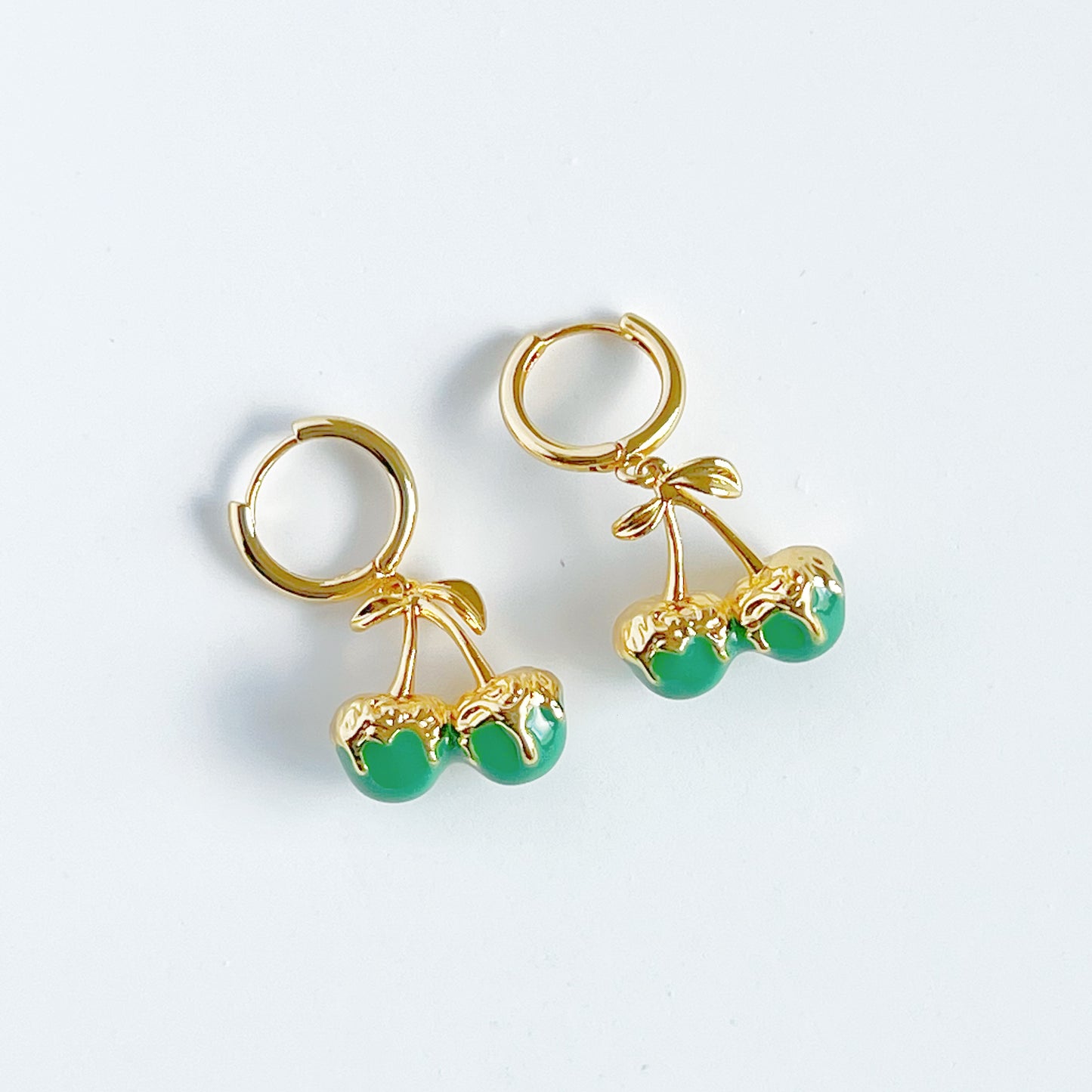 Green Cherry in Gold Hoop Hinged Earrings-Ninaouity