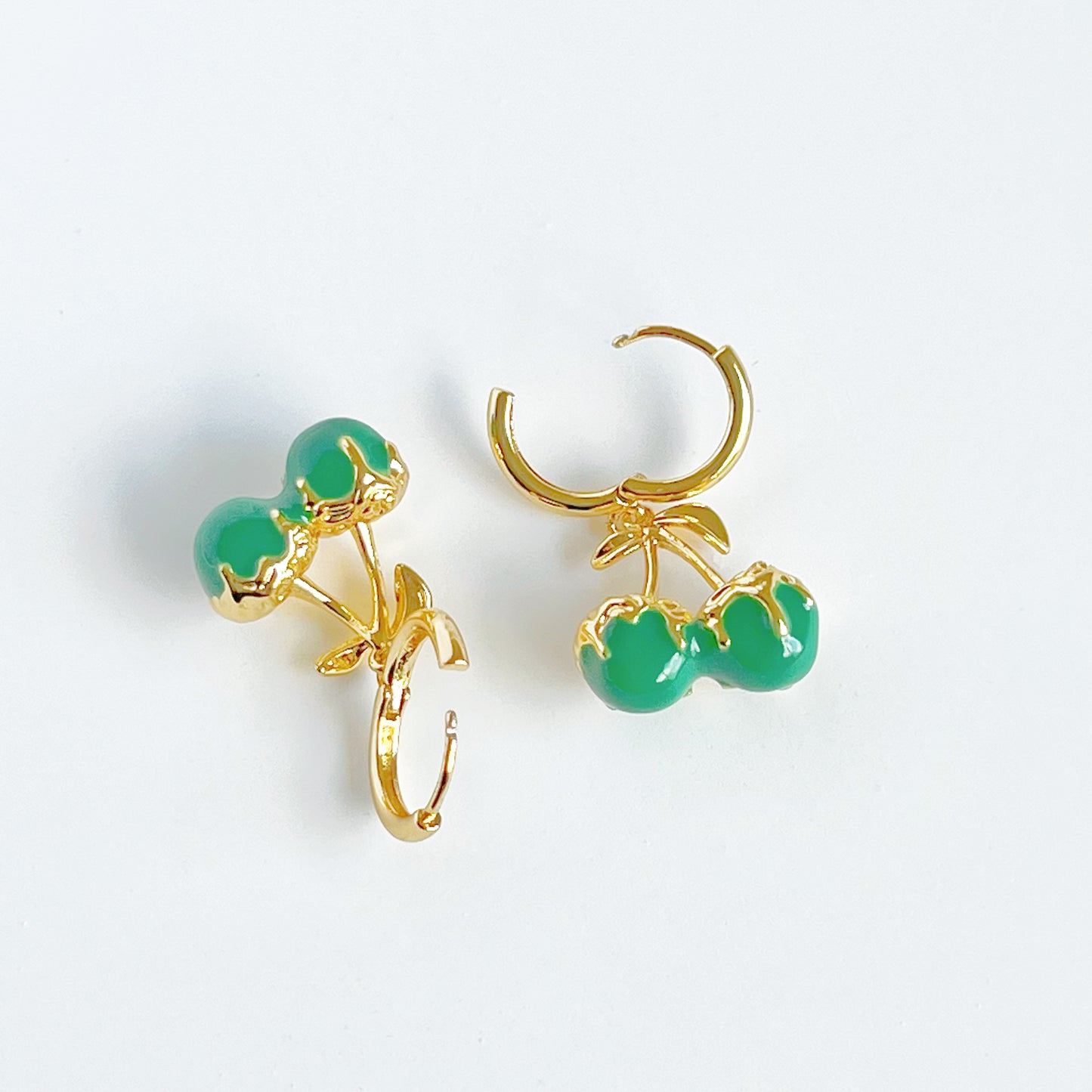 Green Cherry in Gold Hoop Hinged Earrings-Ninaouity