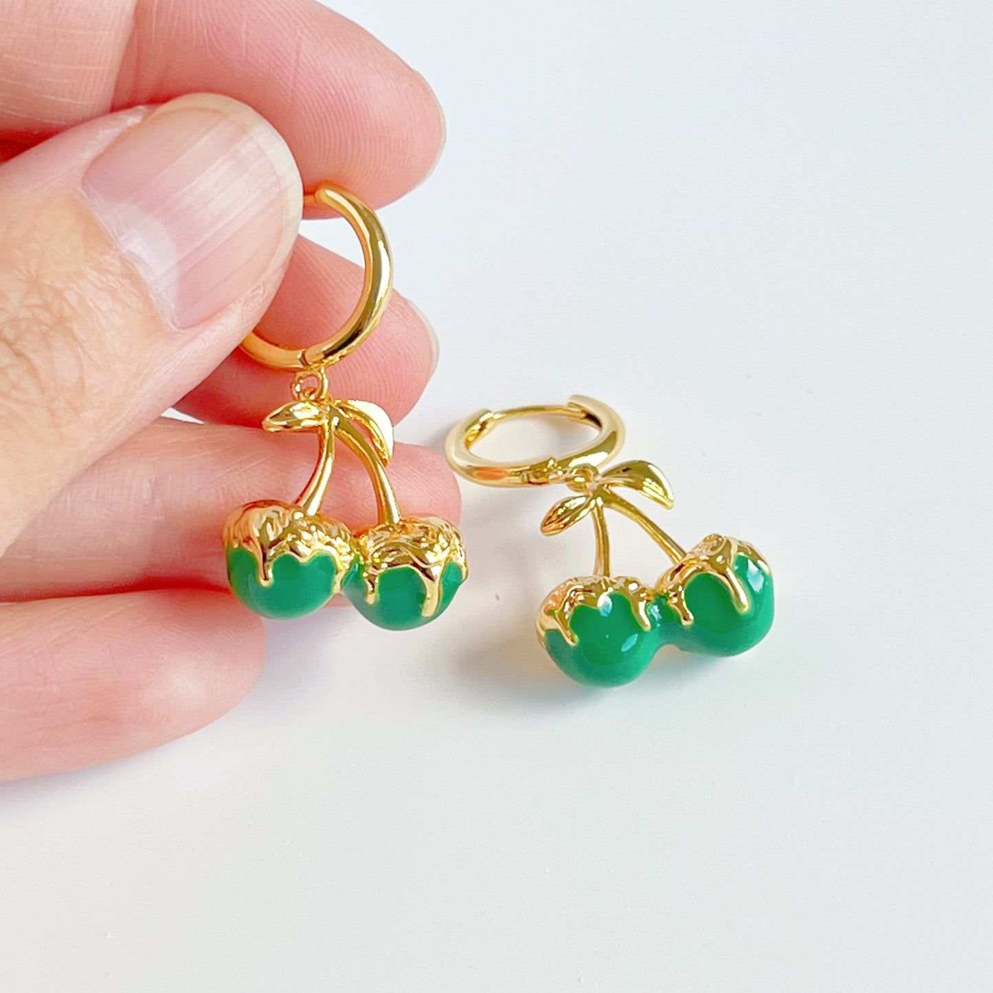 Green Cherry in Gold Hoop Hinged Earrings-Ninaouity