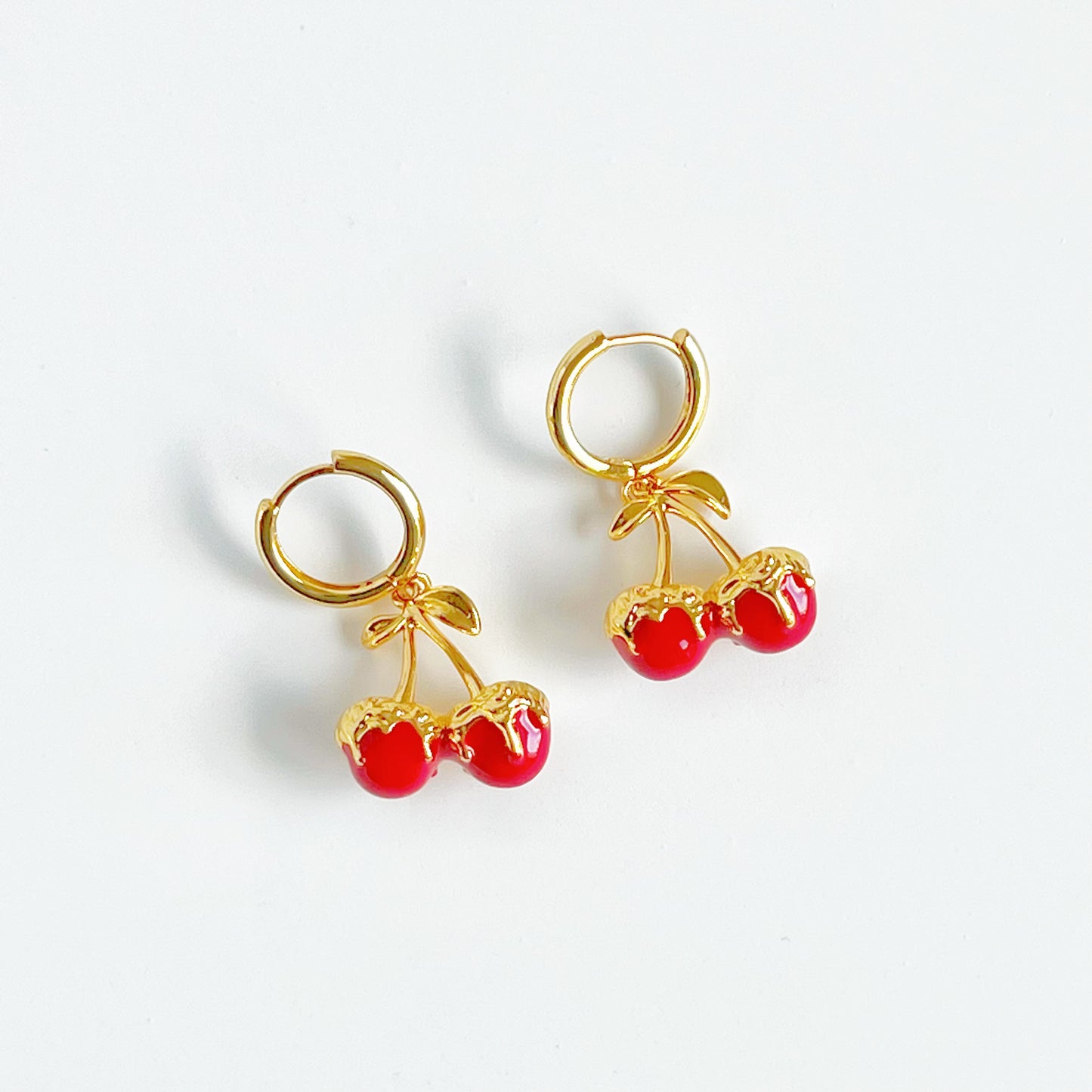 Red Cherry in Gold Hoop Hinged Earrings-Ninaouity