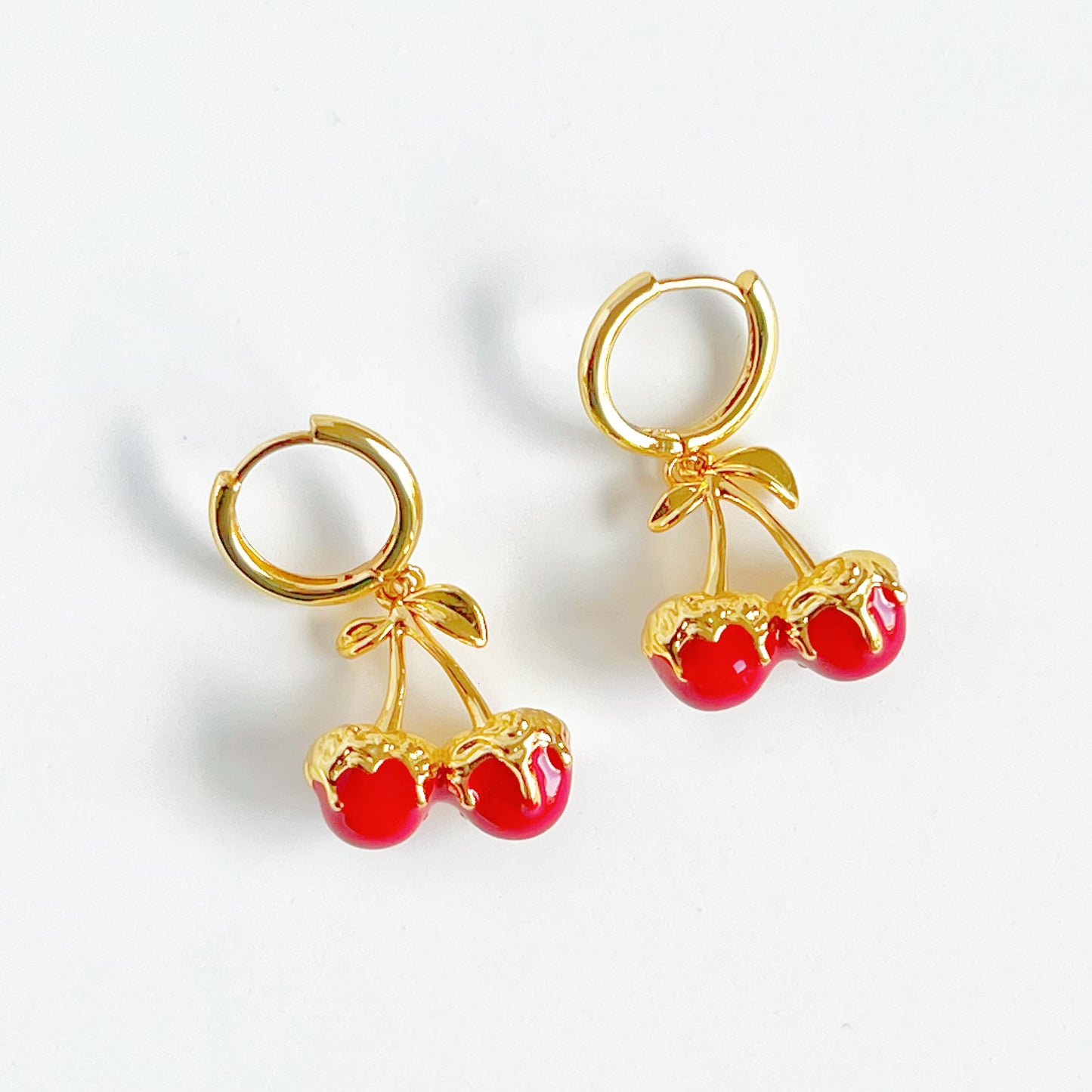 Red Cherry in Gold Hoop Hinged Earrings-Ninaouity