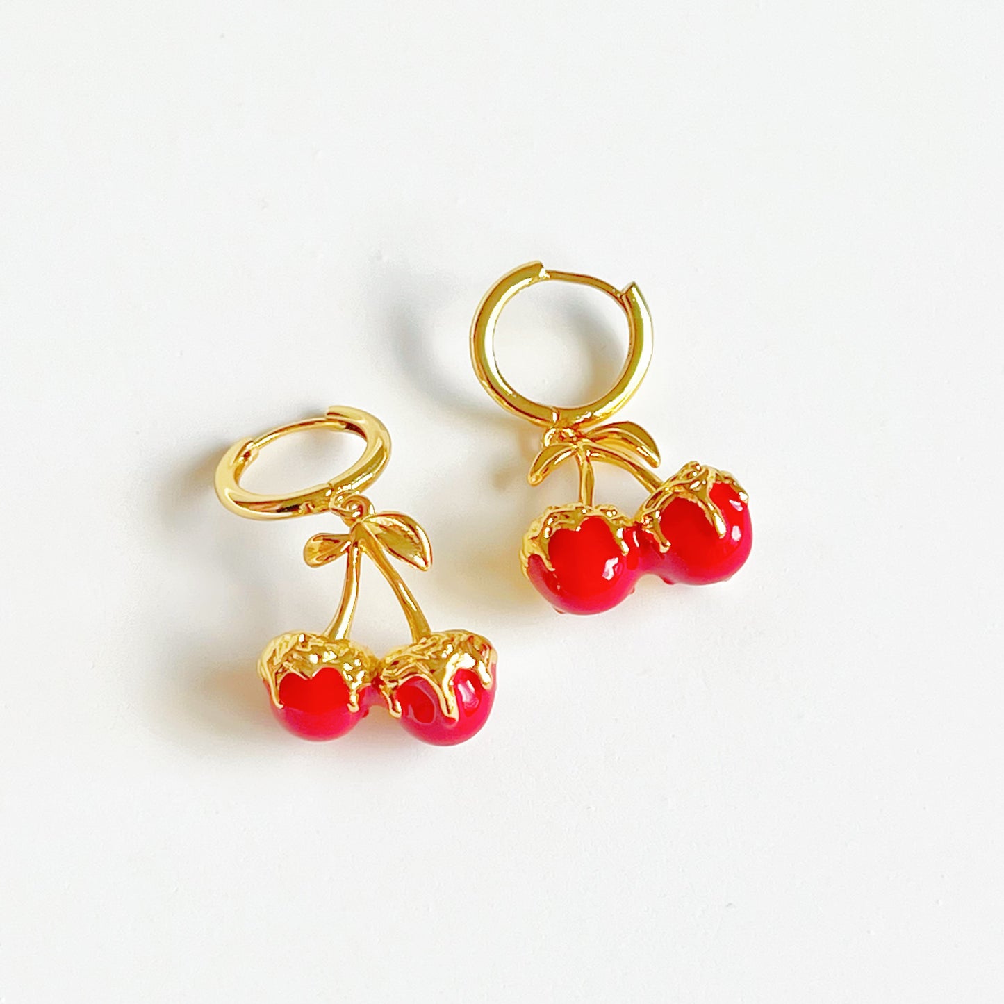 Red Cherry in Gold Hoop Hinged Earrings-Ninaouity