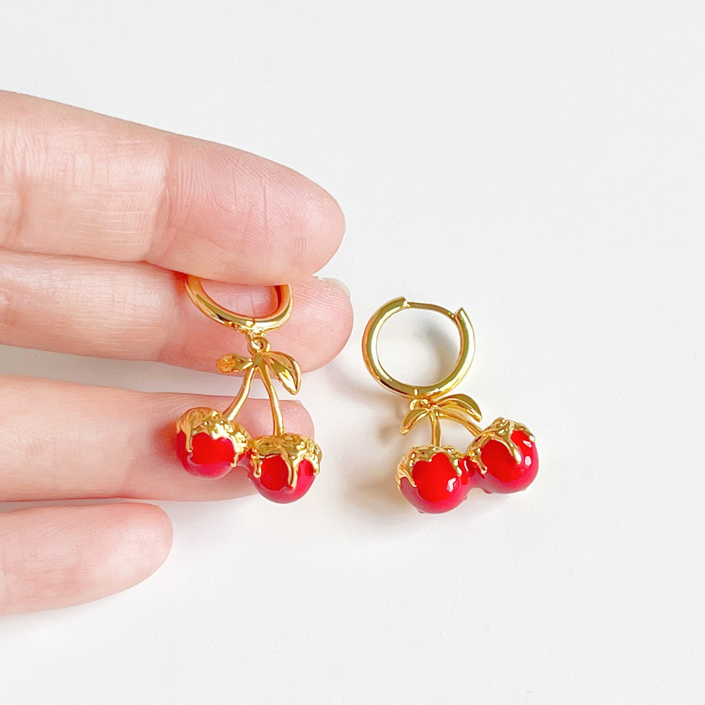 Red Cherry in Gold Hoop Hinged Earrings-Ninaouity