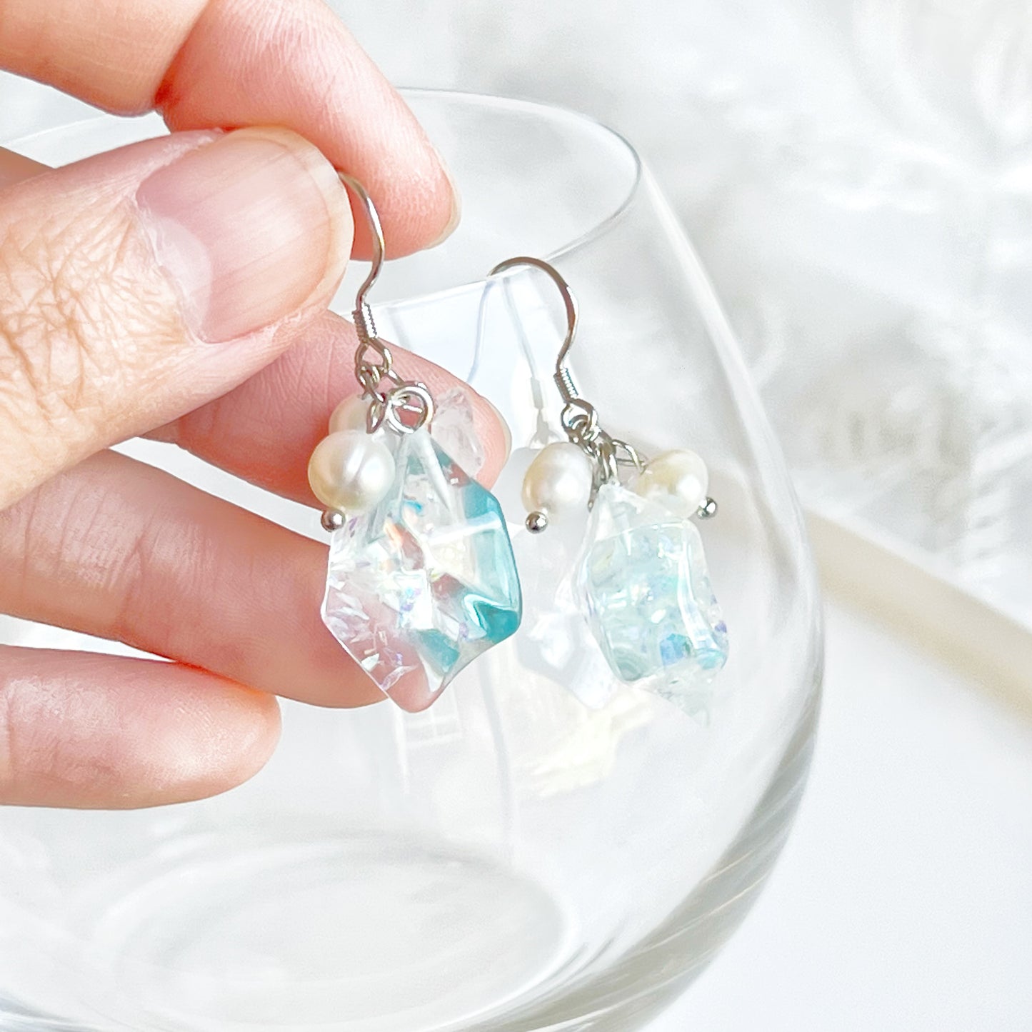 Ice Cube and Pearls Drop Earrings-Ninaouity