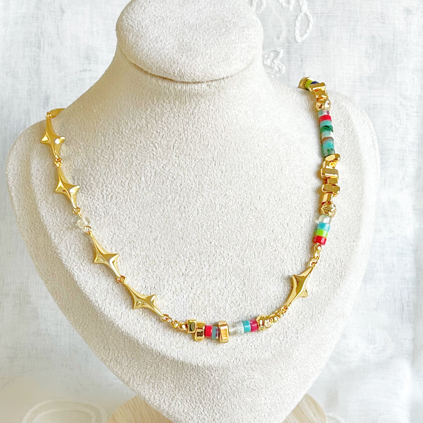 Gold Stars and Rainbow Beads Necklace-Ninaouity
