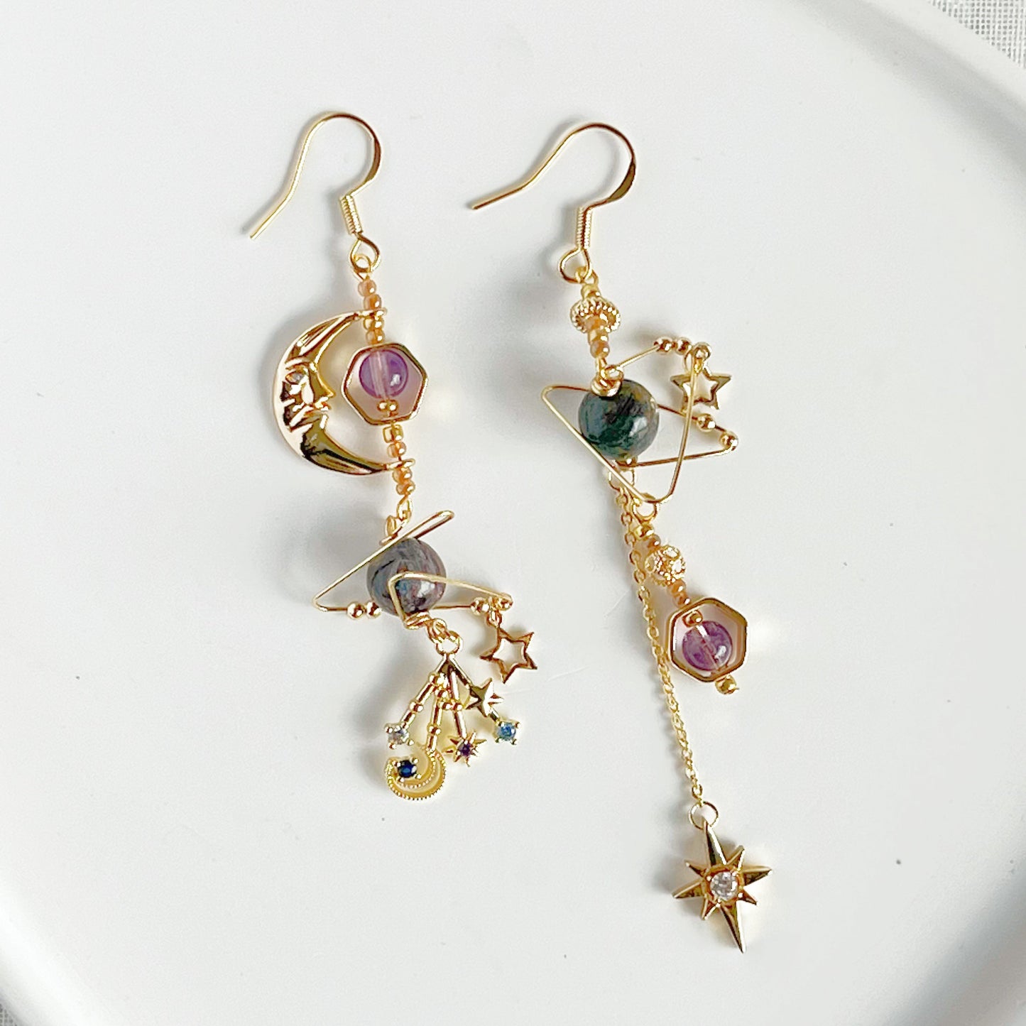 Amethyst and Pietersite Beads Moon and Star Earrings-Ninaouity