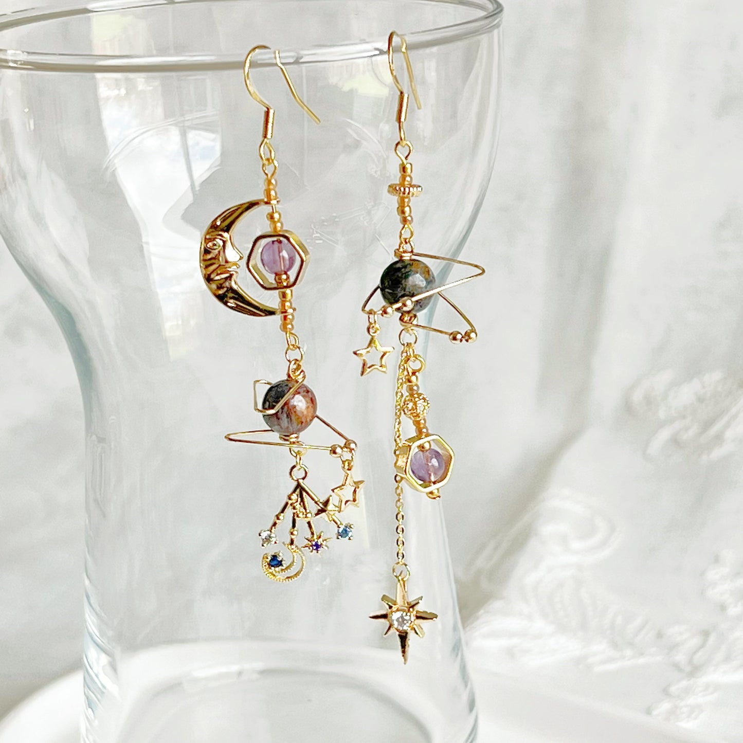 Amethyst and Pietersite Beads Moon and Star Earrings-Ninaouity