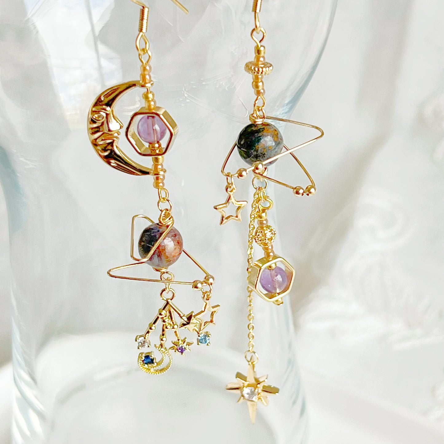 Amethyst and Pietersite Beads Moon and Star Earrings-Ninaouity