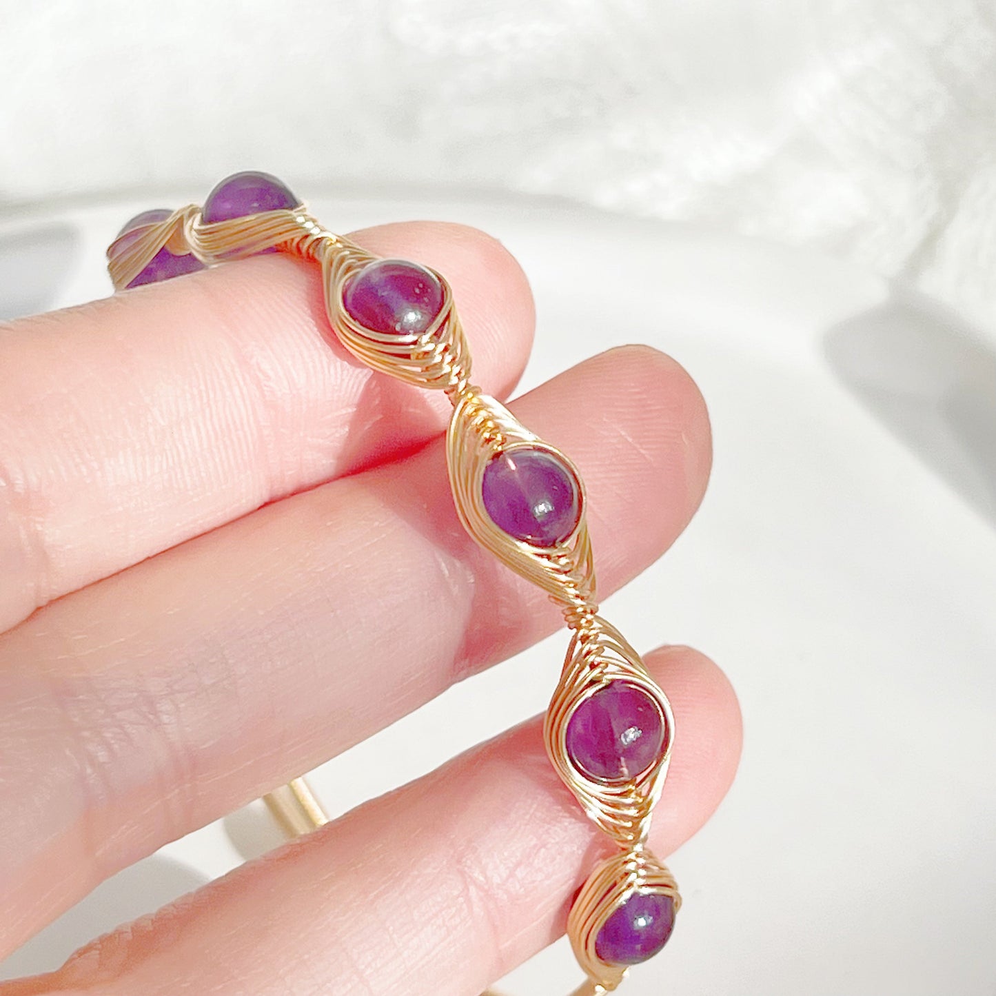 Amethyst Bead Evil Eye Cuff Bracelet-Ninaouity