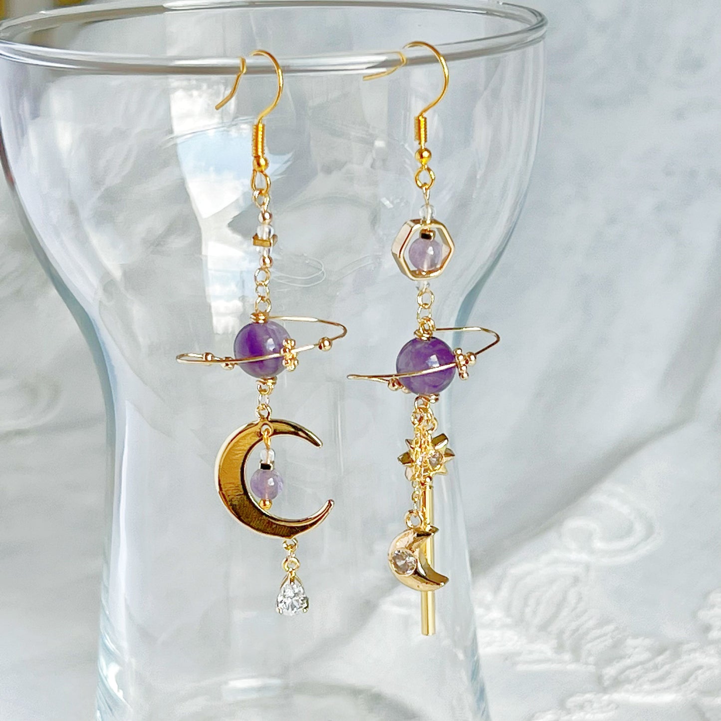Amethyst Planet and Moon Earrings-Ninaouity