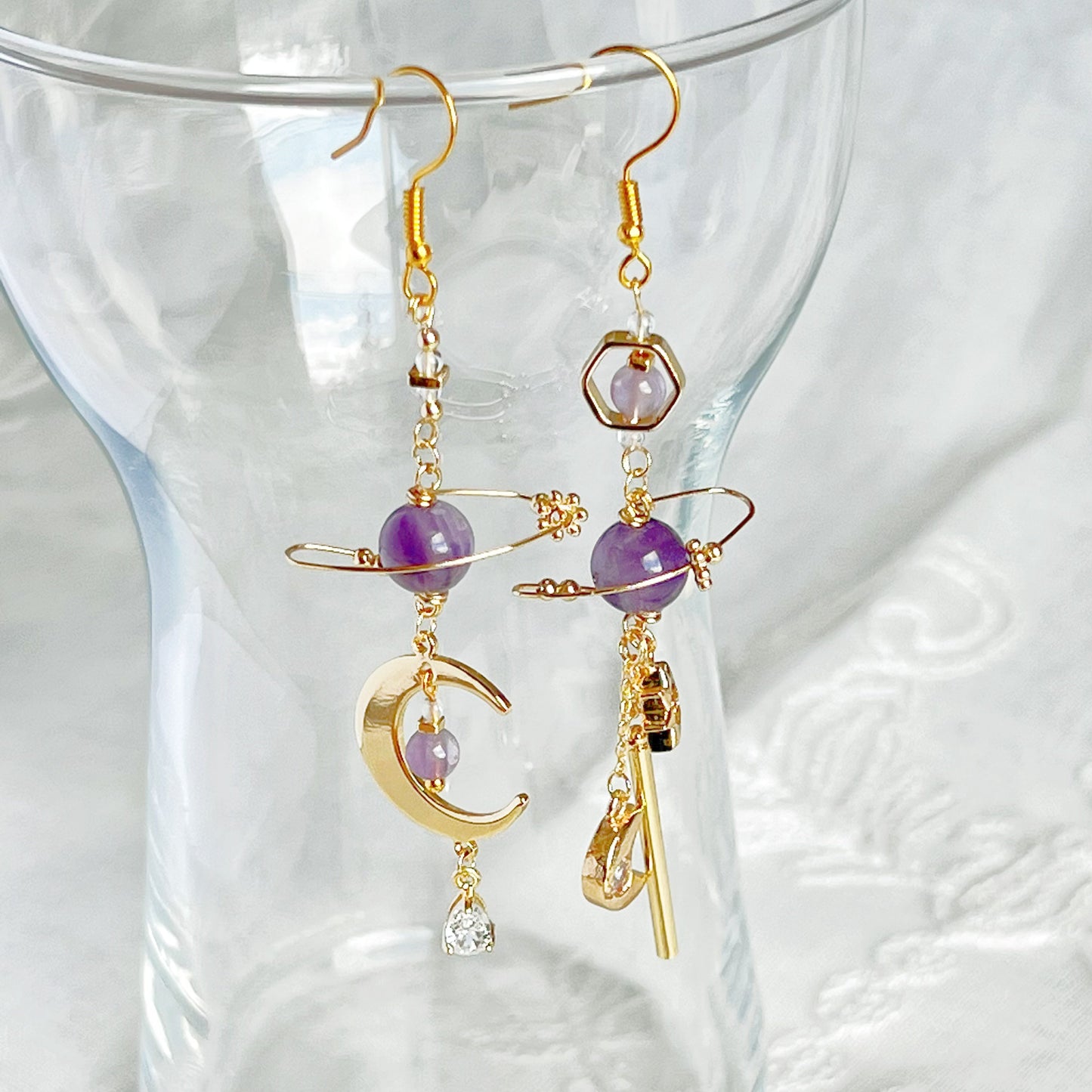 Amethyst Planet and Moon Earrings-Ninaouity