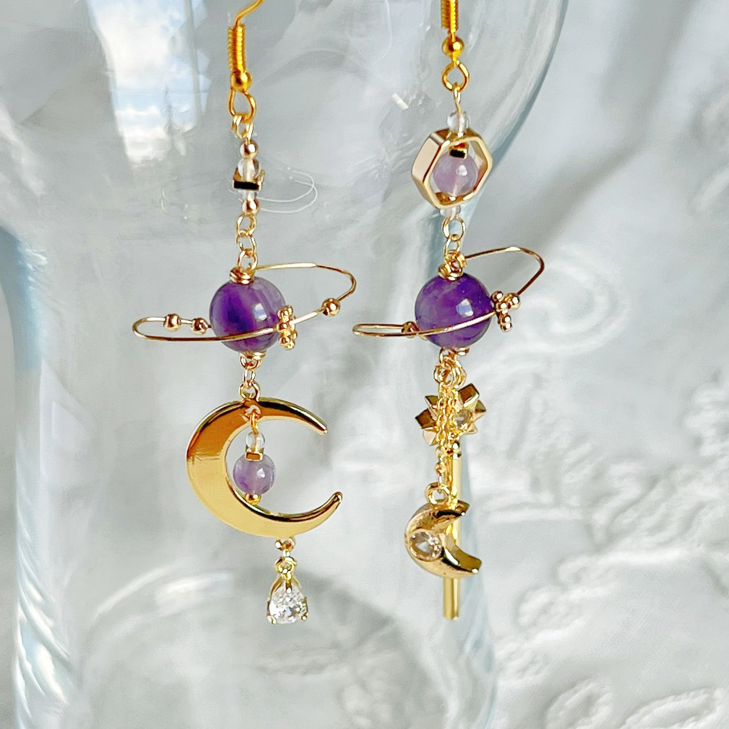 Amethyst Planet and Moon Earrings-Ninaouity