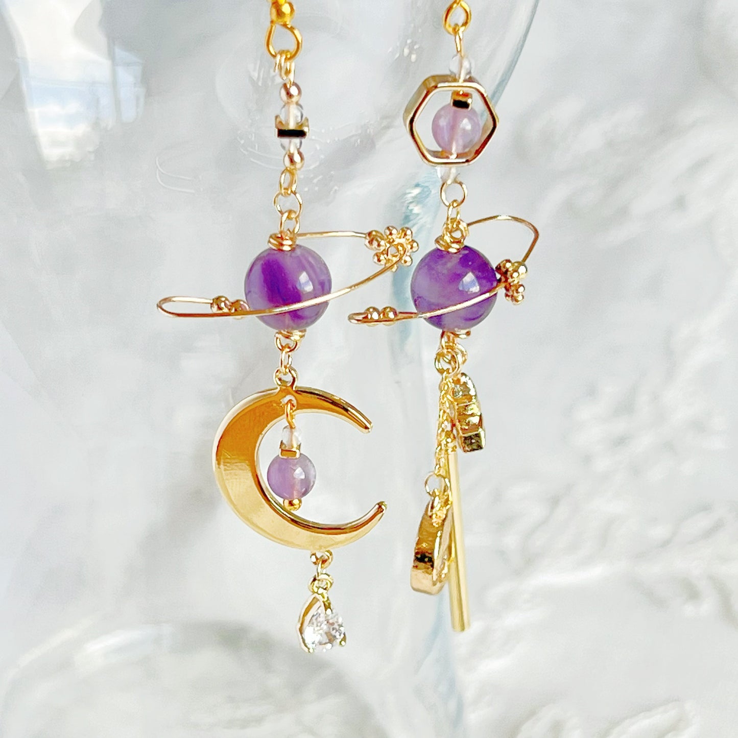 Amethyst Planet and Moon Earrings-Ninaouity