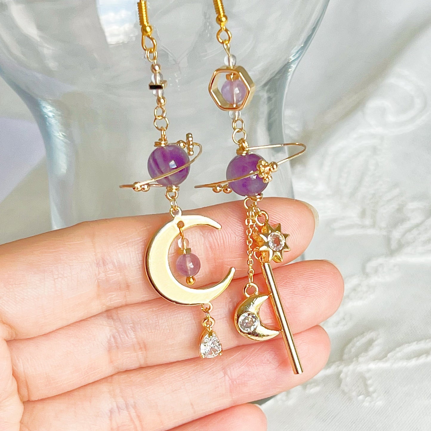 Amethyst Planet and Moon Earrings-Ninaouity