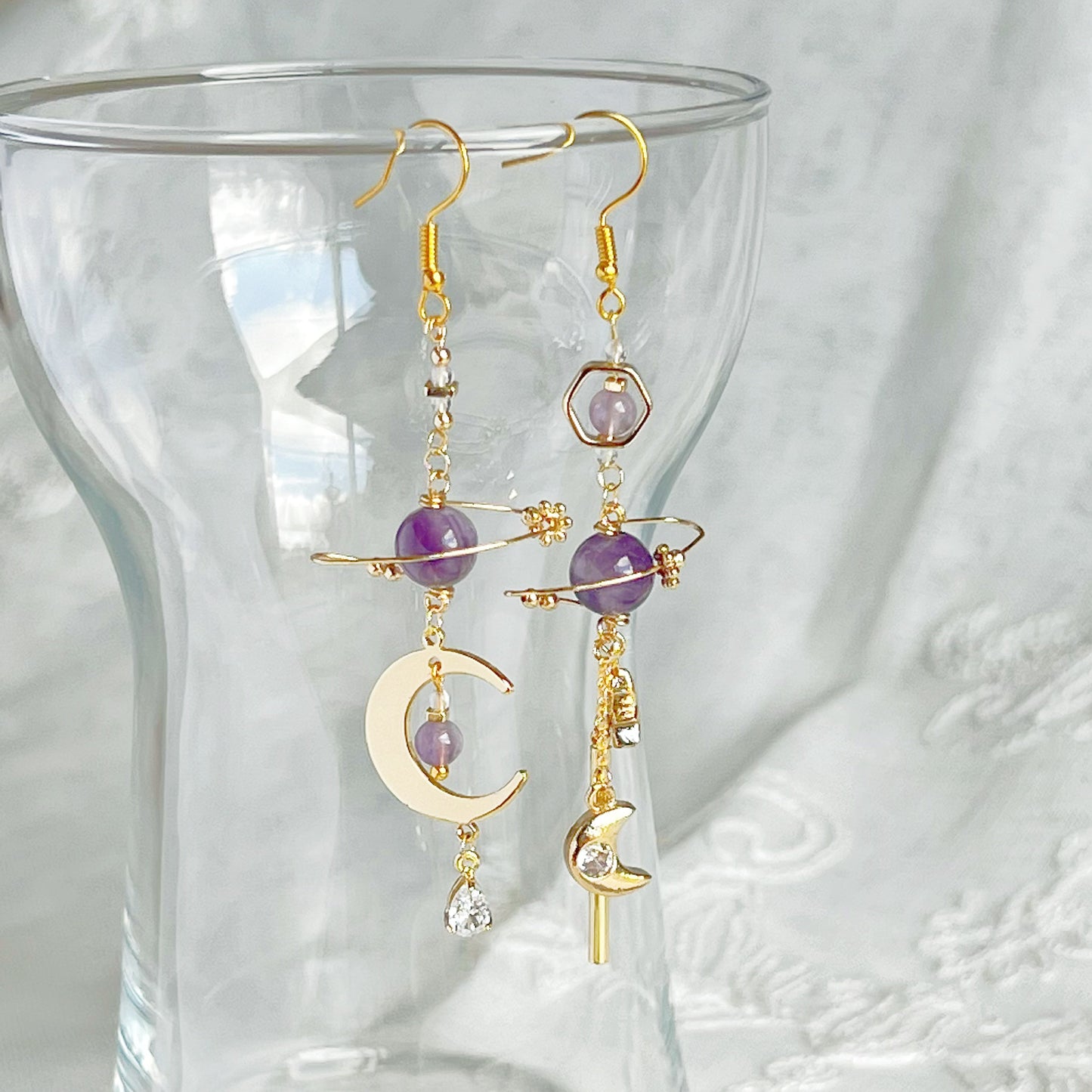 Amethyst Planet and Moon Earrings-Ninaouity