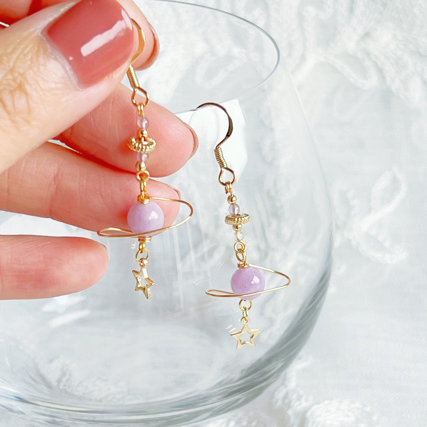 Amethyst Stone Purple Planet and Star Drop Earrings-Ninaouity