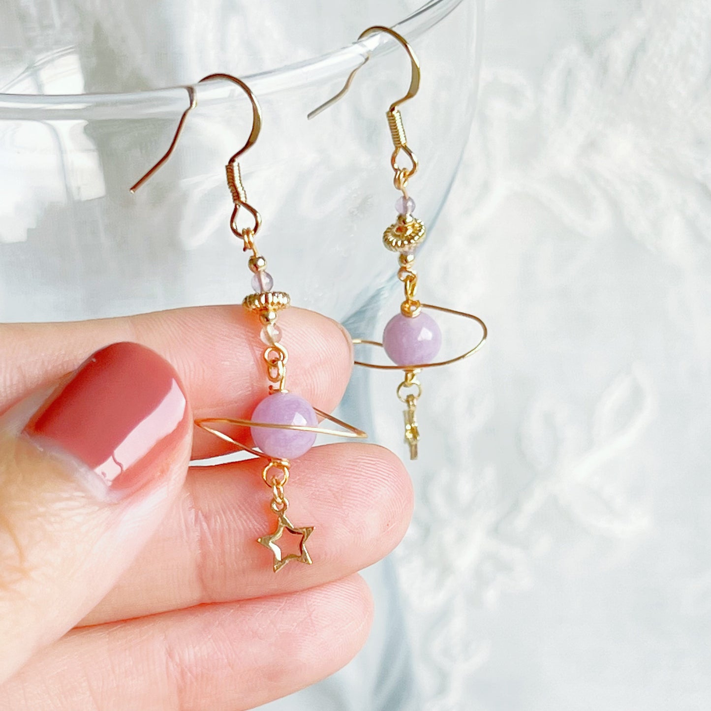 Amethyst Stone Purple Planet and Star Drop Earrings-Ninaouity