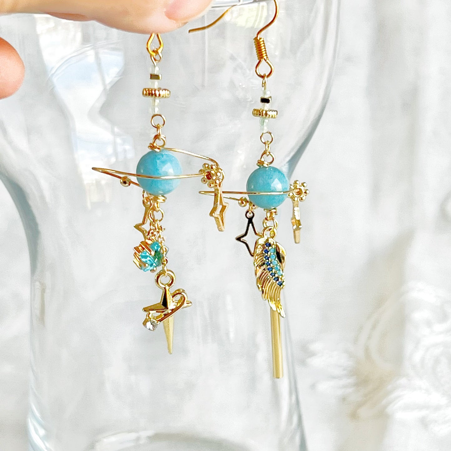 Aquamarine Planet and Blue Wing Earrings-Ninaouity