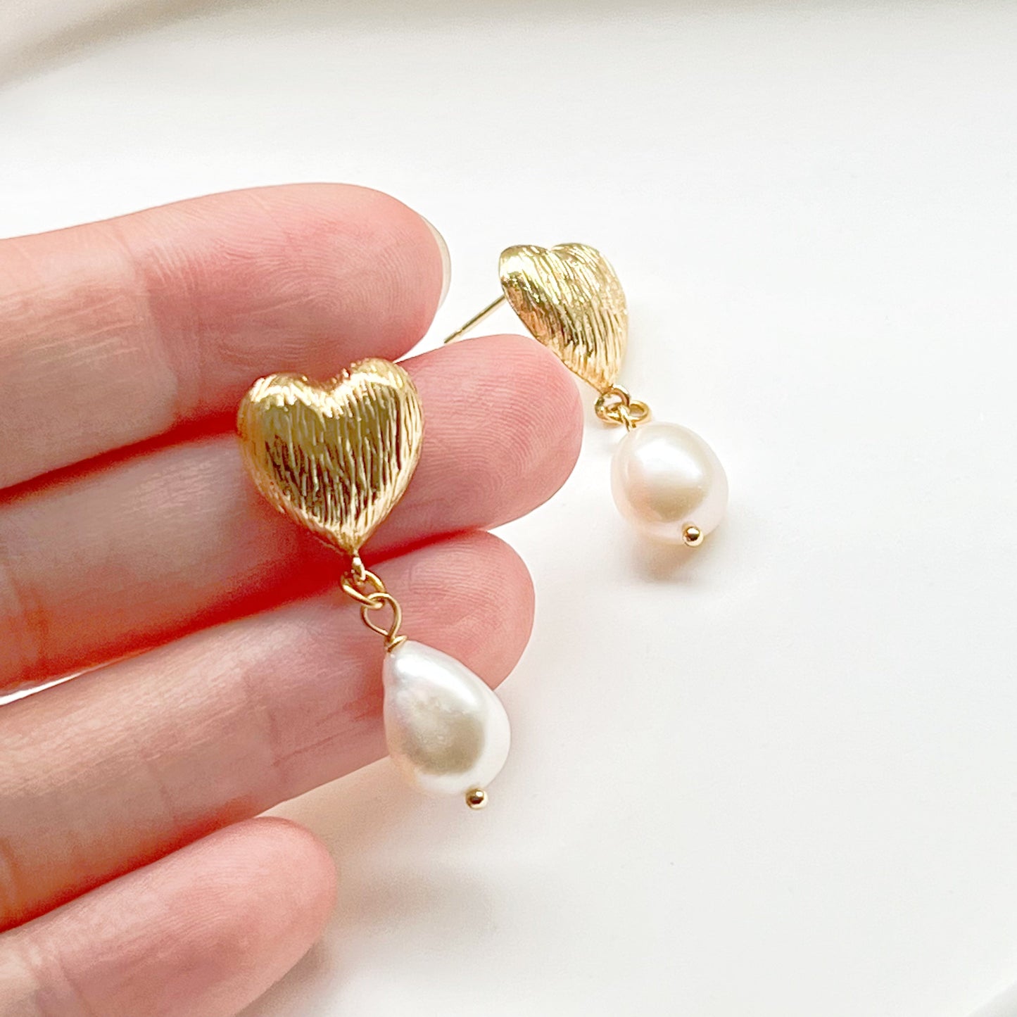 Baroque Pearl and Gold Heart Earrings-Ninaouity