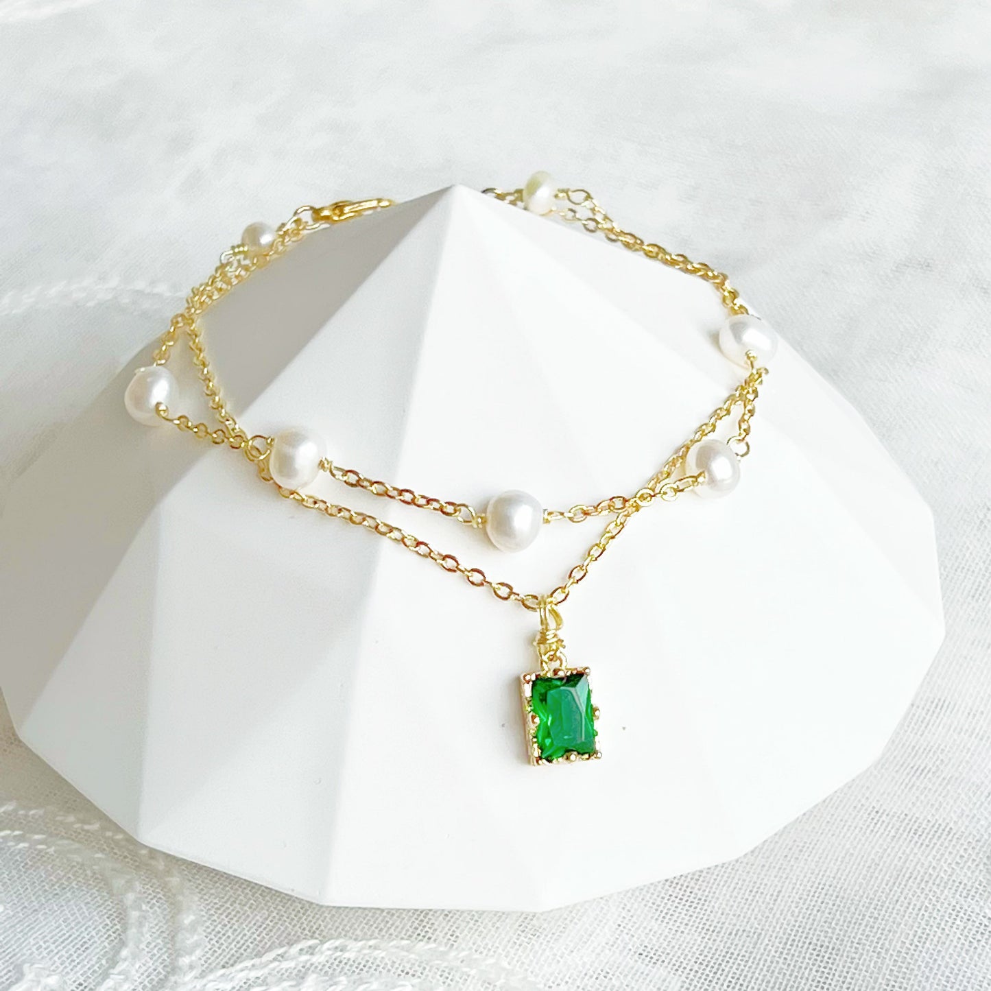 Baroque Pearls and Emerald Green Crystal Bracelet-Ninaouity
