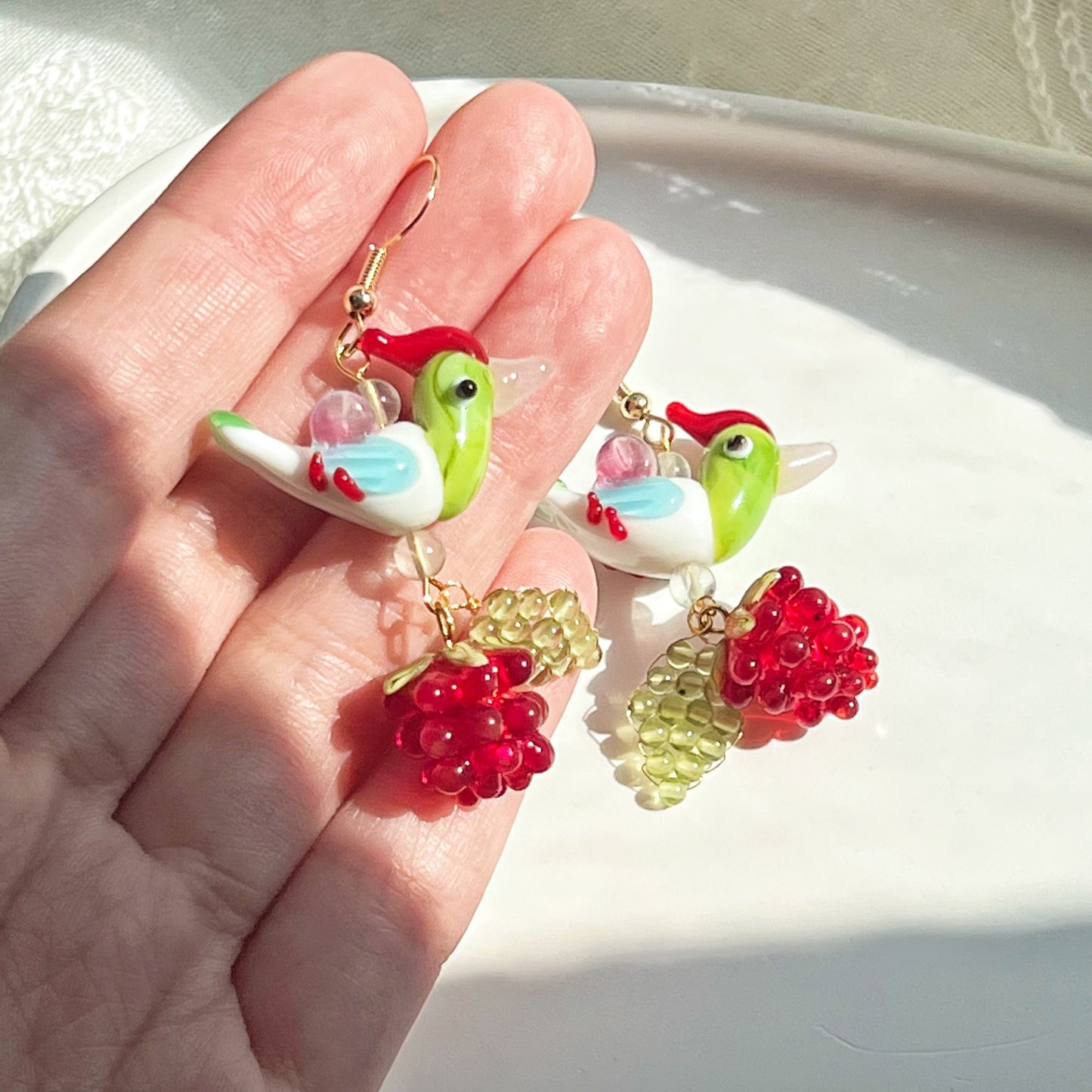Bird and Berry Craft Glass Earrings-Ninaouity